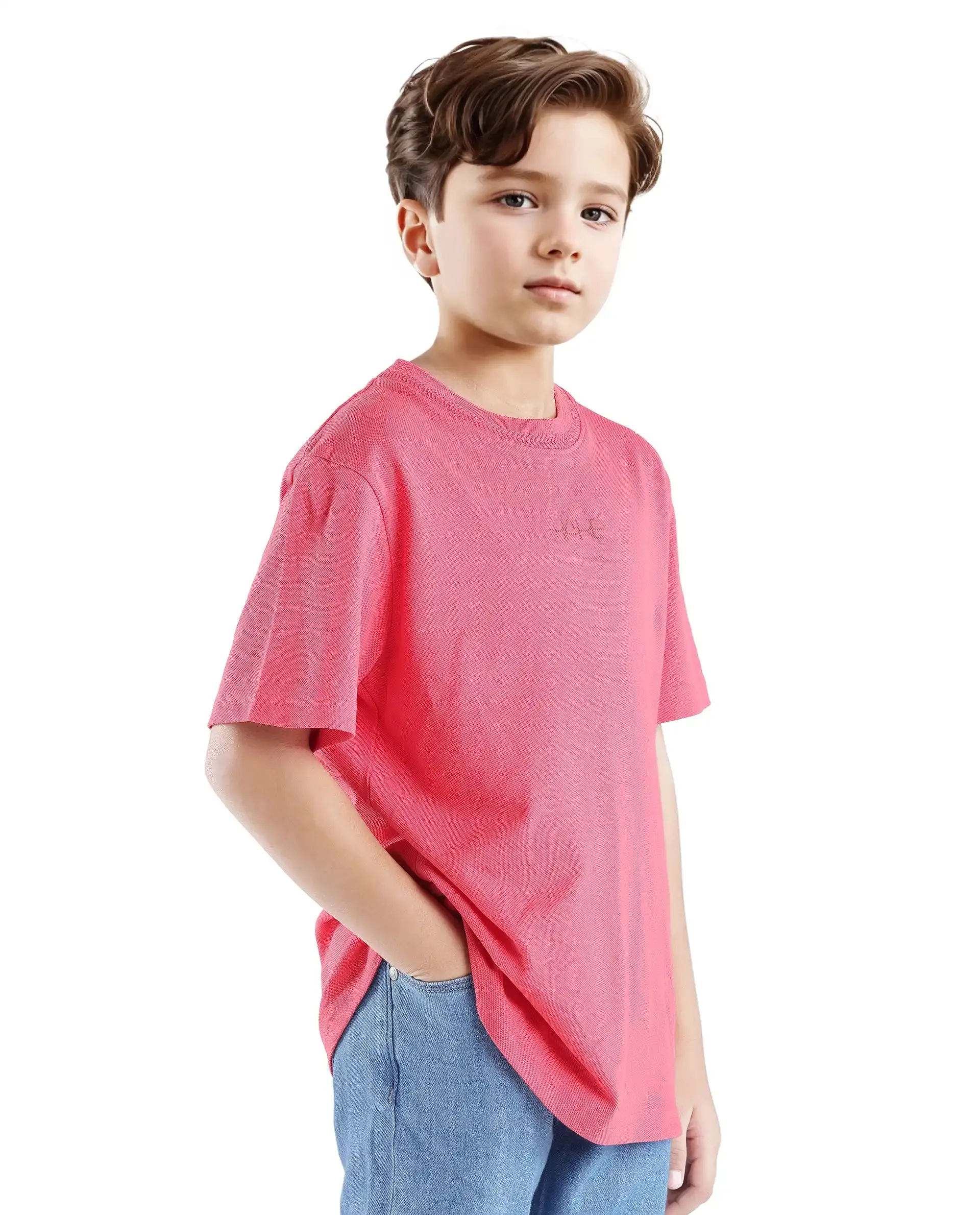 Rare Ones Kids Heron Fluorescent Pink Cotton Fabric Half Sleeves Crew Neck Embroidered T-Shirt