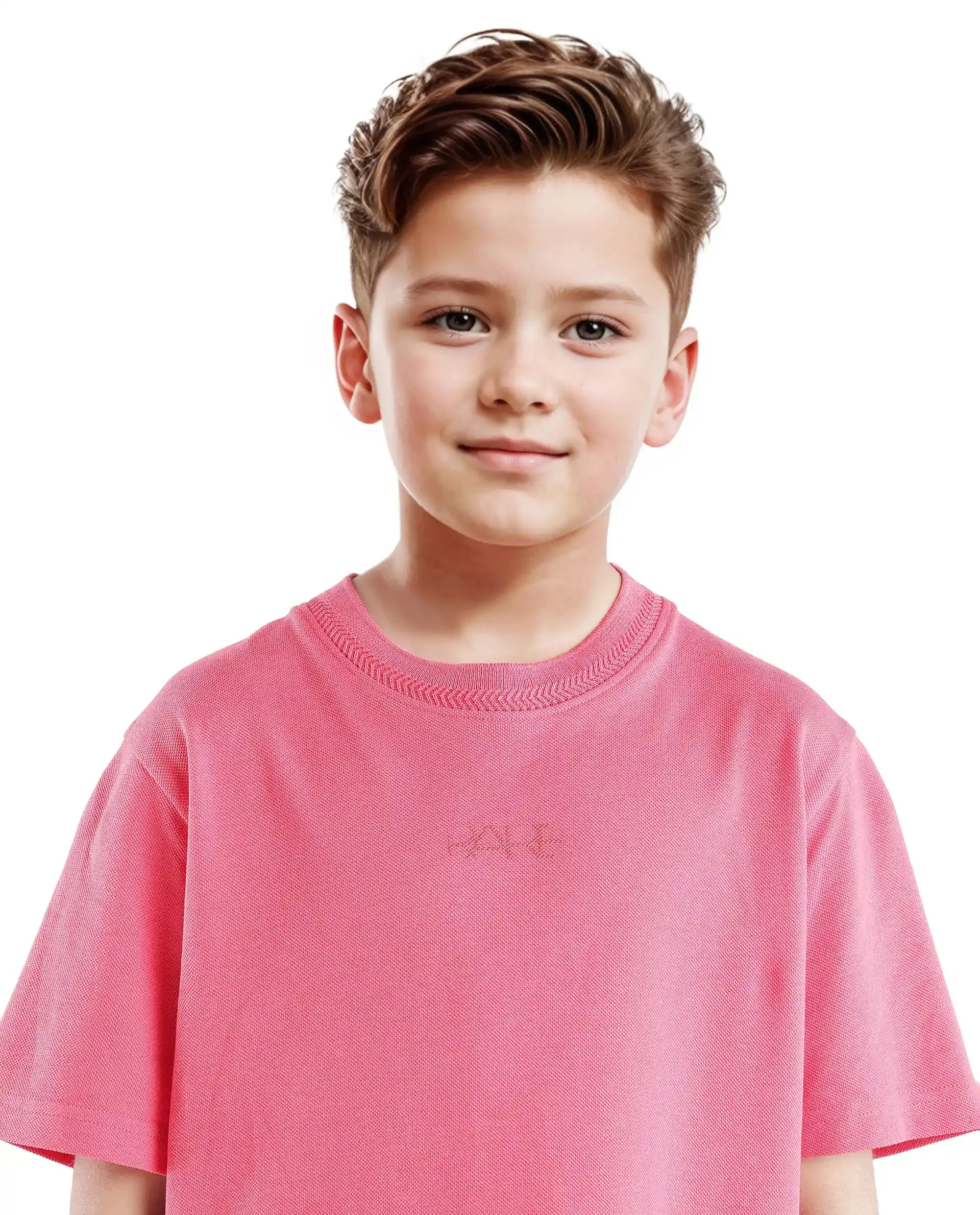 Rare Ones Kids Heron Fluorescent Pink Cotton Fabric Half Sleeves Crew Neck Embroidered T-Shirt