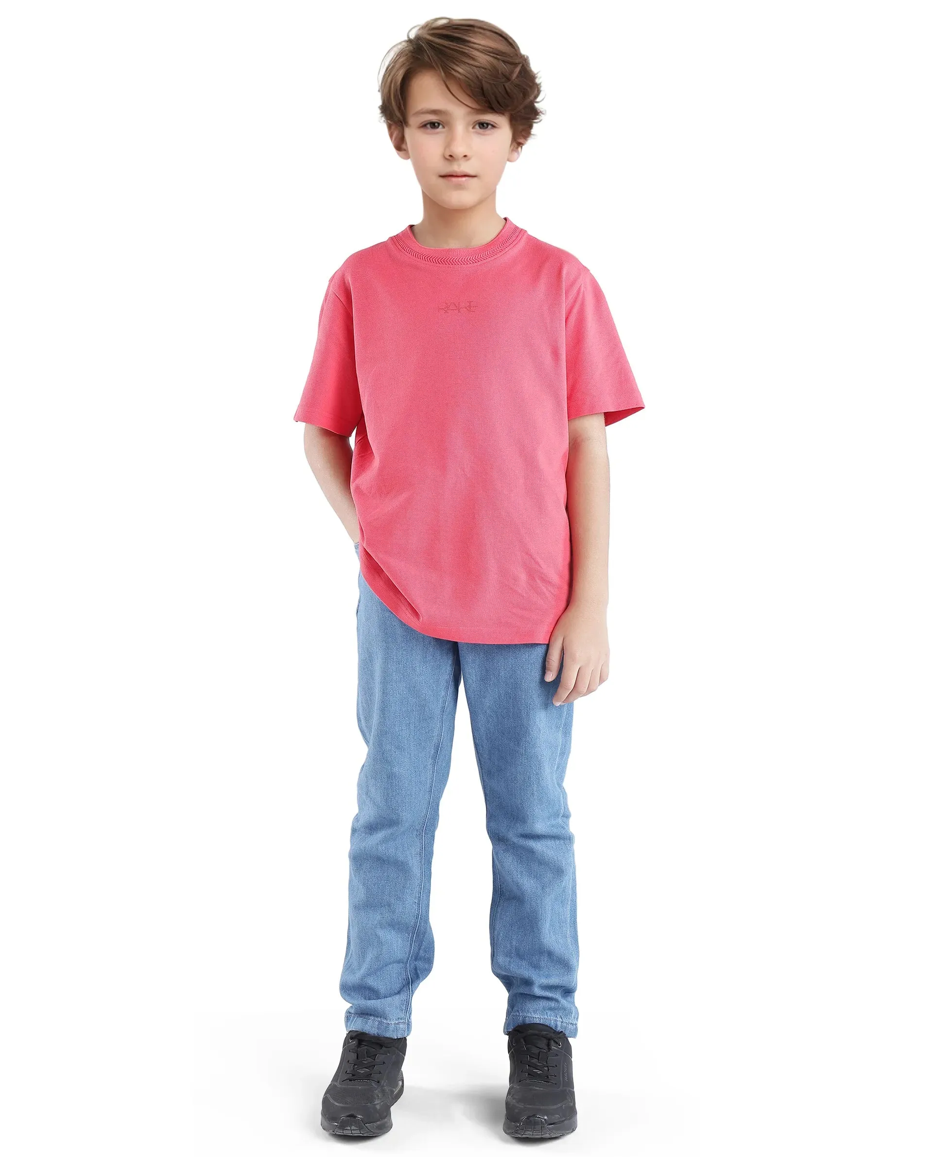 Rare Ones Kids Heron Fluorescent Pink Cotton Fabric Half Sleeves Crew Neck Embroidered T-Shirt