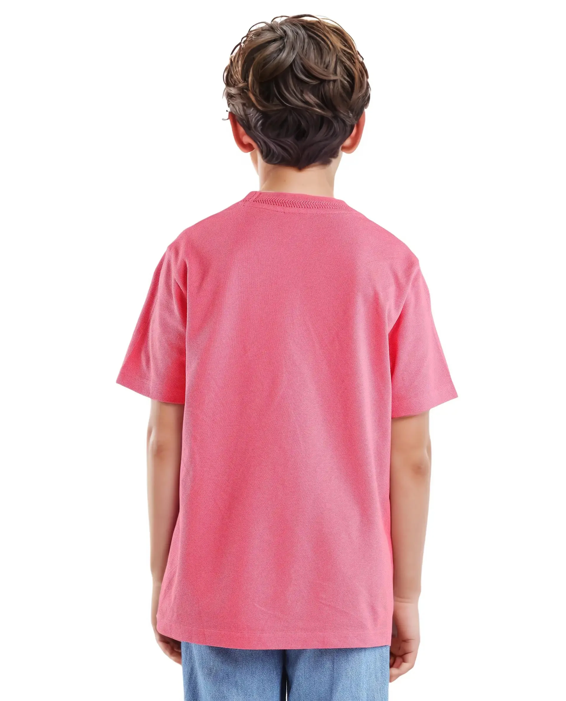 Rare Ones Kids Heron Fluorescent Pink Cotton Fabric Half Sleeves Crew Neck Embroidered T-Shirt