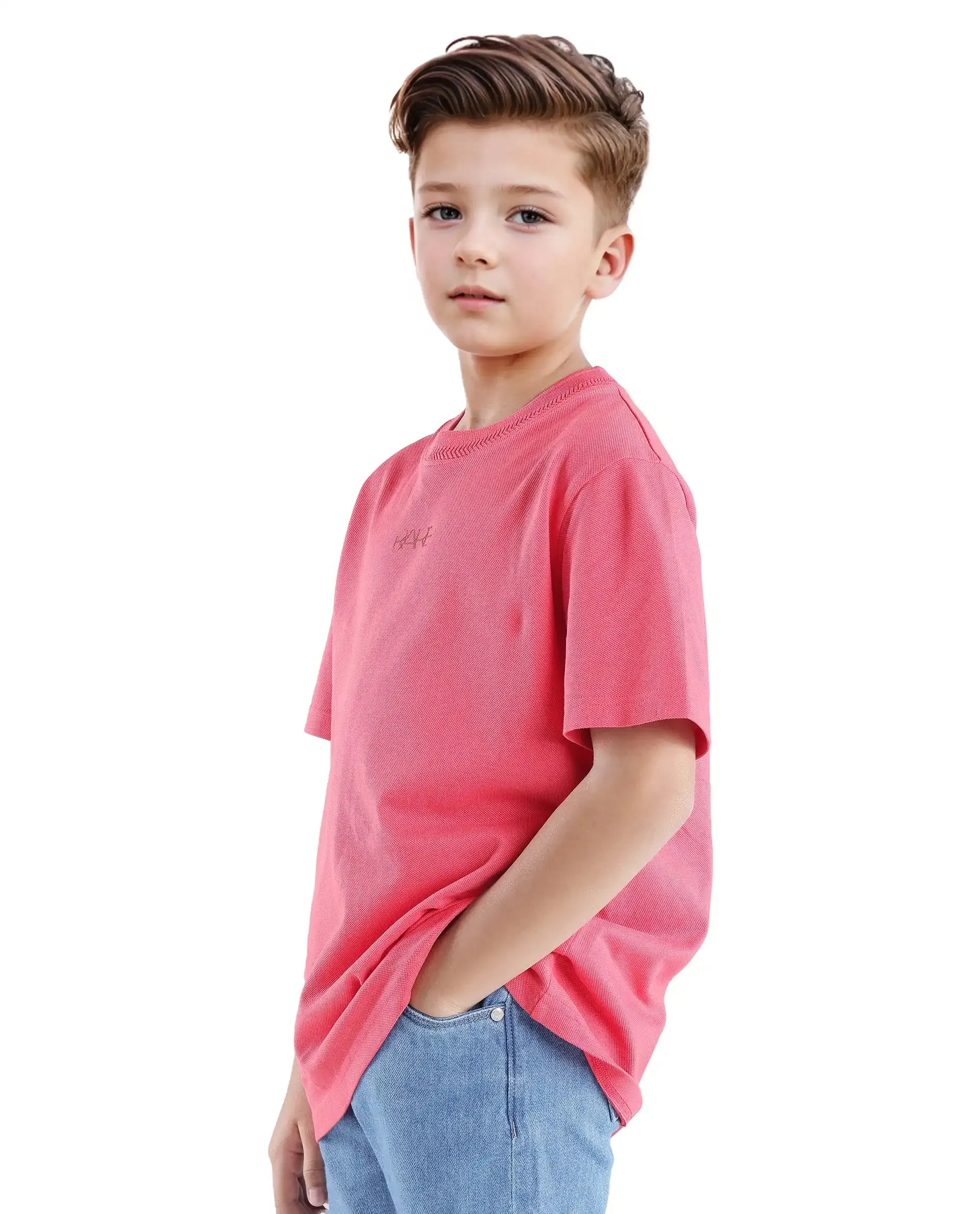 Rare Ones Kids Heron Fluorescent Pink Cotton Fabric Half Sleeves Crew Neck Embroidered T-Shirt