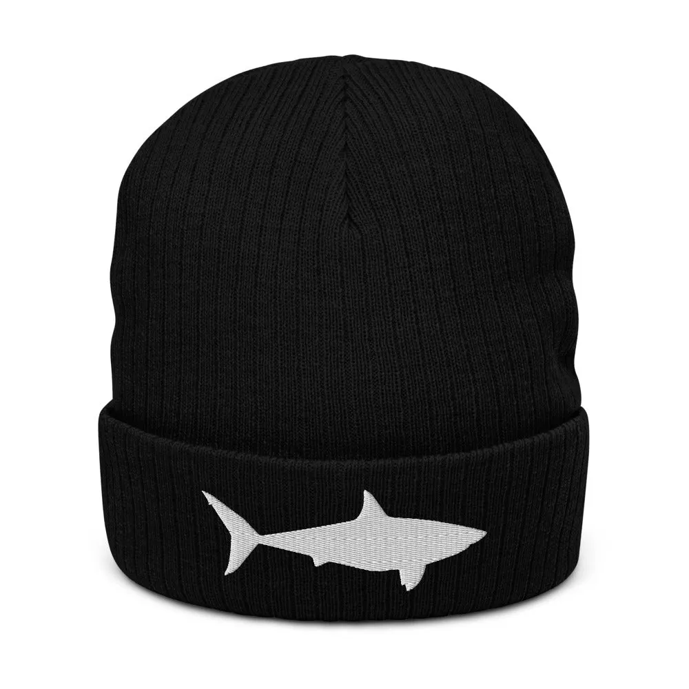 Recycled cuffed beanie. Just keep swimming shark.