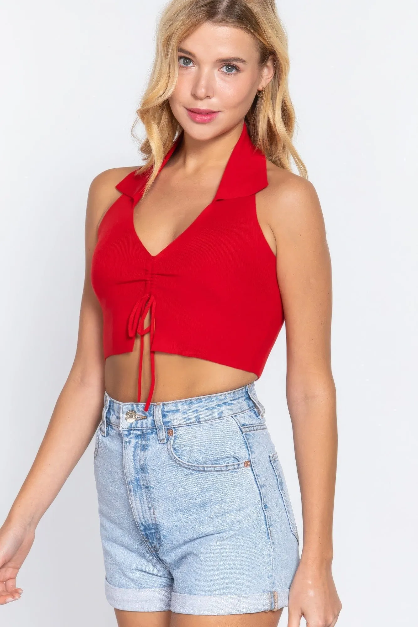 Red Glow Halter Ruched Crop Sweater Knit Top