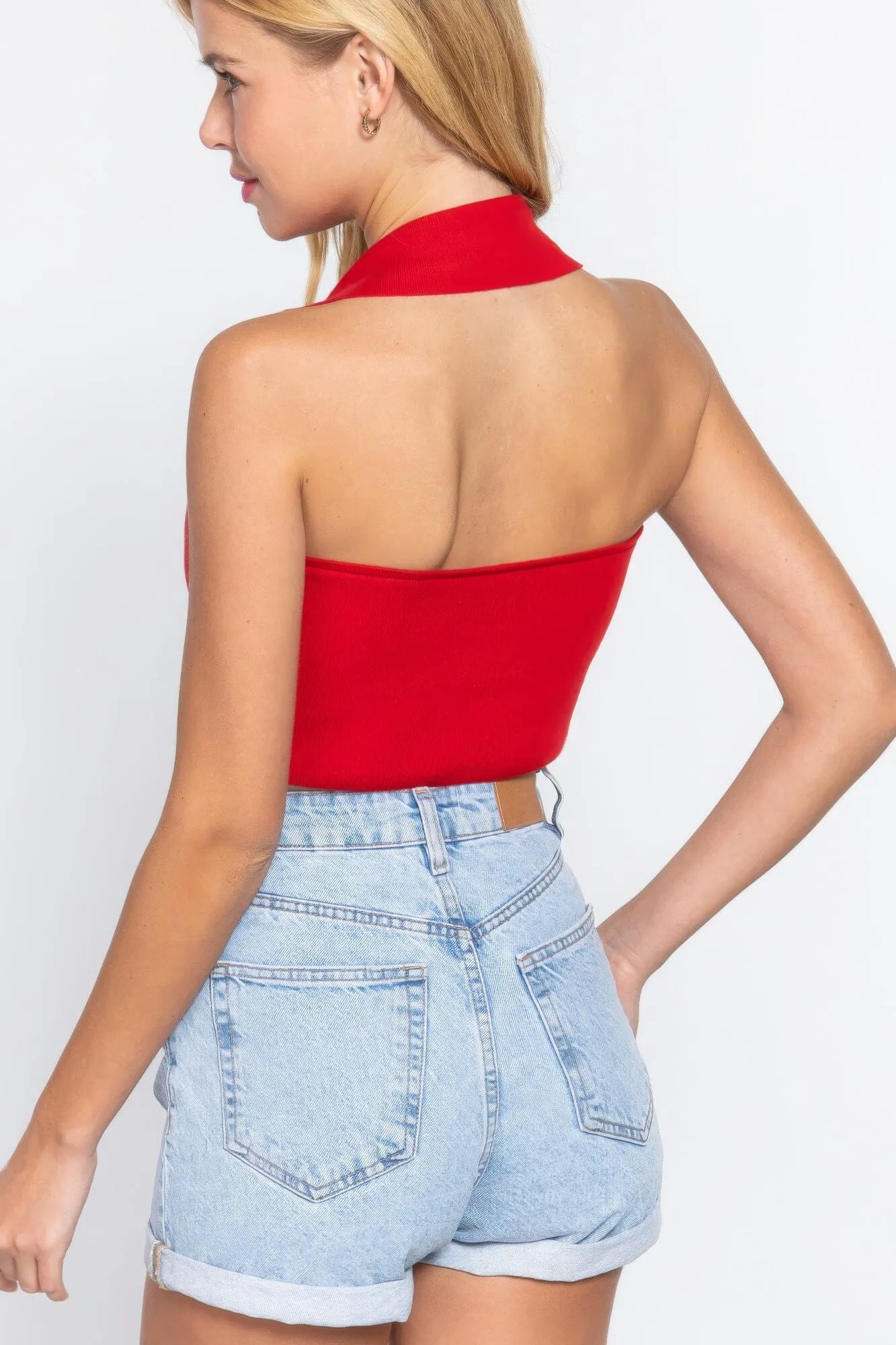 Red Glow Halter Ruched Crop Sweater Knit Top