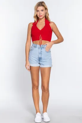 Red Glow Halter Ruched Crop Sweater Knit Top