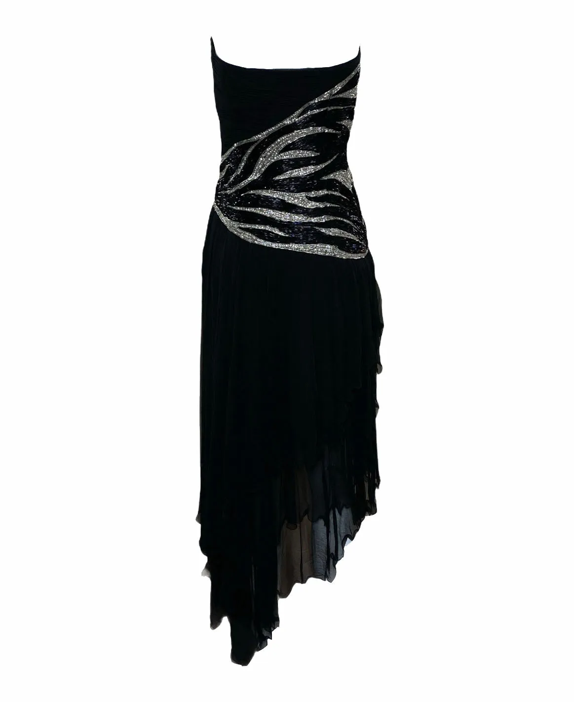 Renato Balestra 1980s Black Chiffon Beaded Stripe Asymmetrical Evening Dress