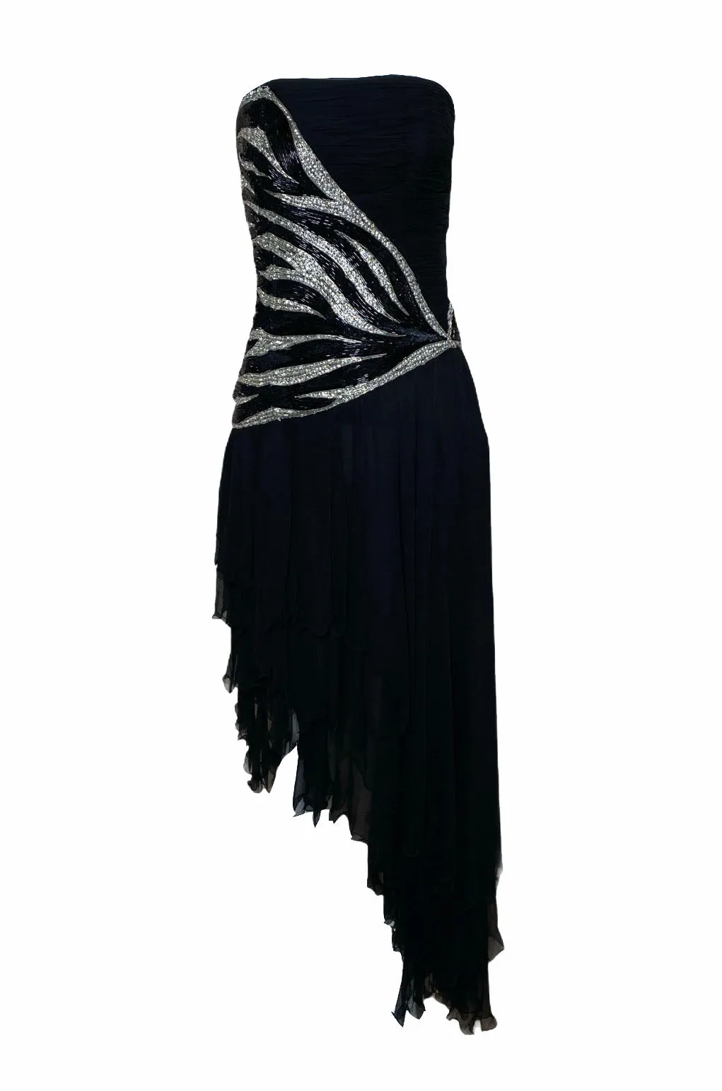 Renato Balestra 1980s Black Chiffon Beaded Stripe Asymmetrical Evening Dress