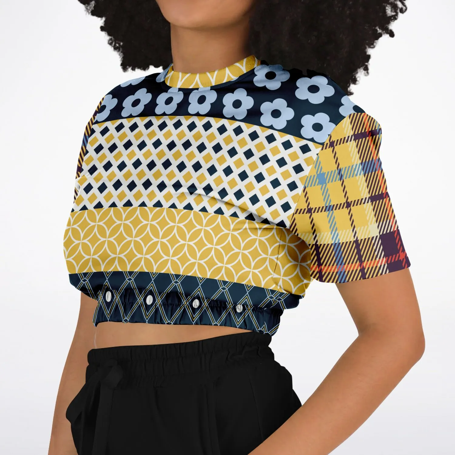 Royal Flush Blue Patchwork Short Sleeve Cropped Eco-Poly Sweater