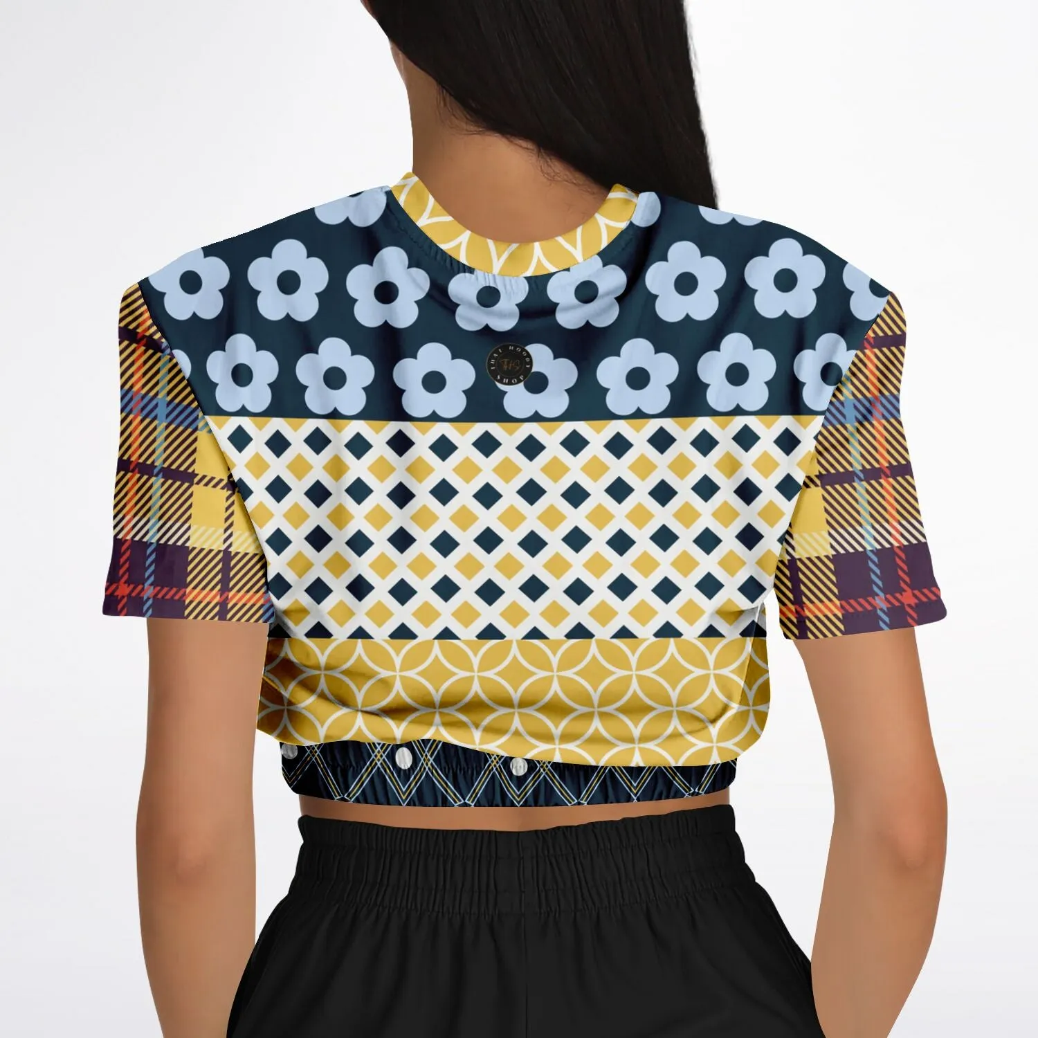 Royal Flush Blue Patchwork Short Sleeve Cropped Eco-Poly Sweater