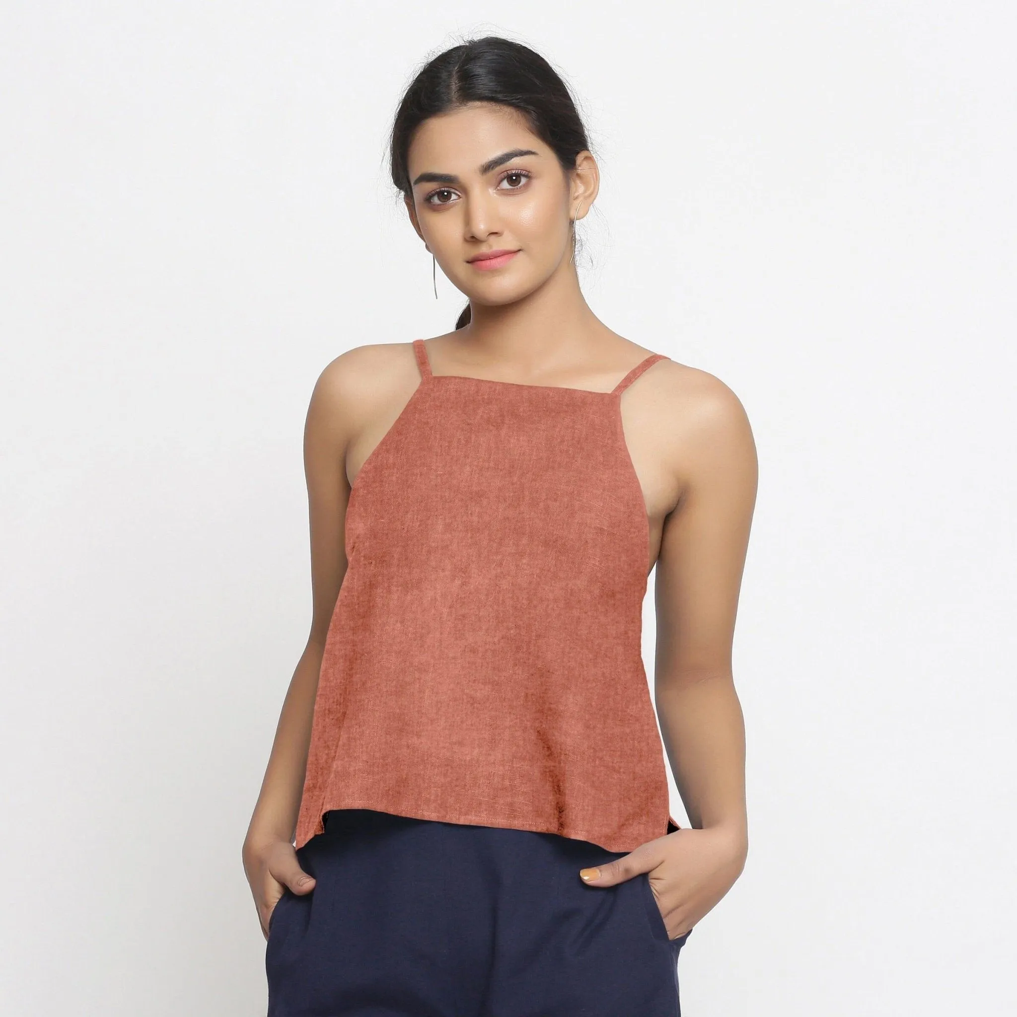 Rust Cotton Linen Relaxed Fit Spaghetti Top