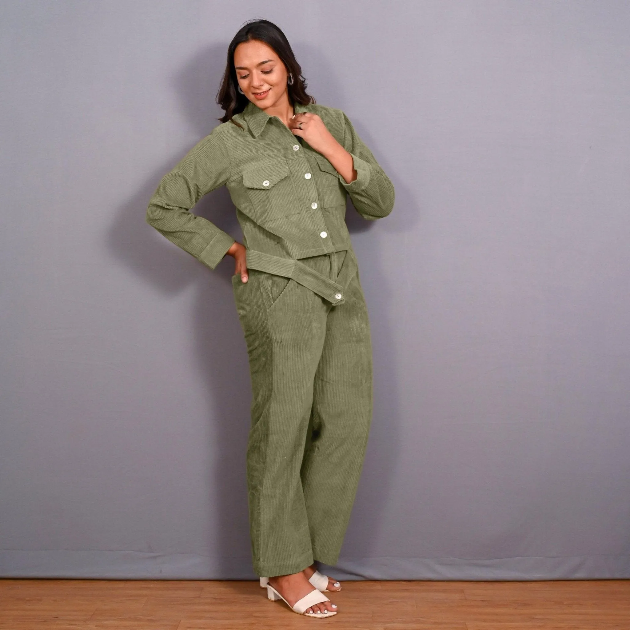 Sage Green Warm Cotton Corduroy Button-Down Shacket