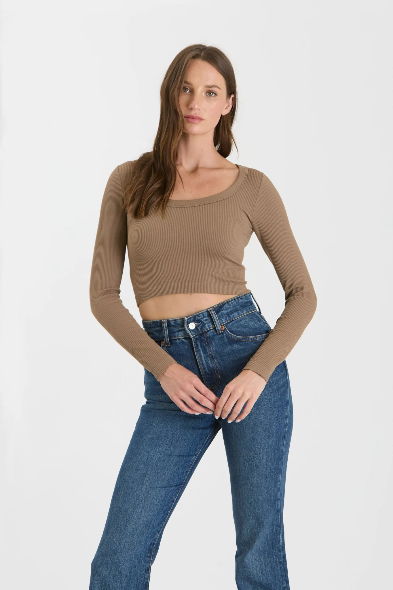 SCOOP NECK LONG SLEEVE SWEATER KNIT CROP TOP