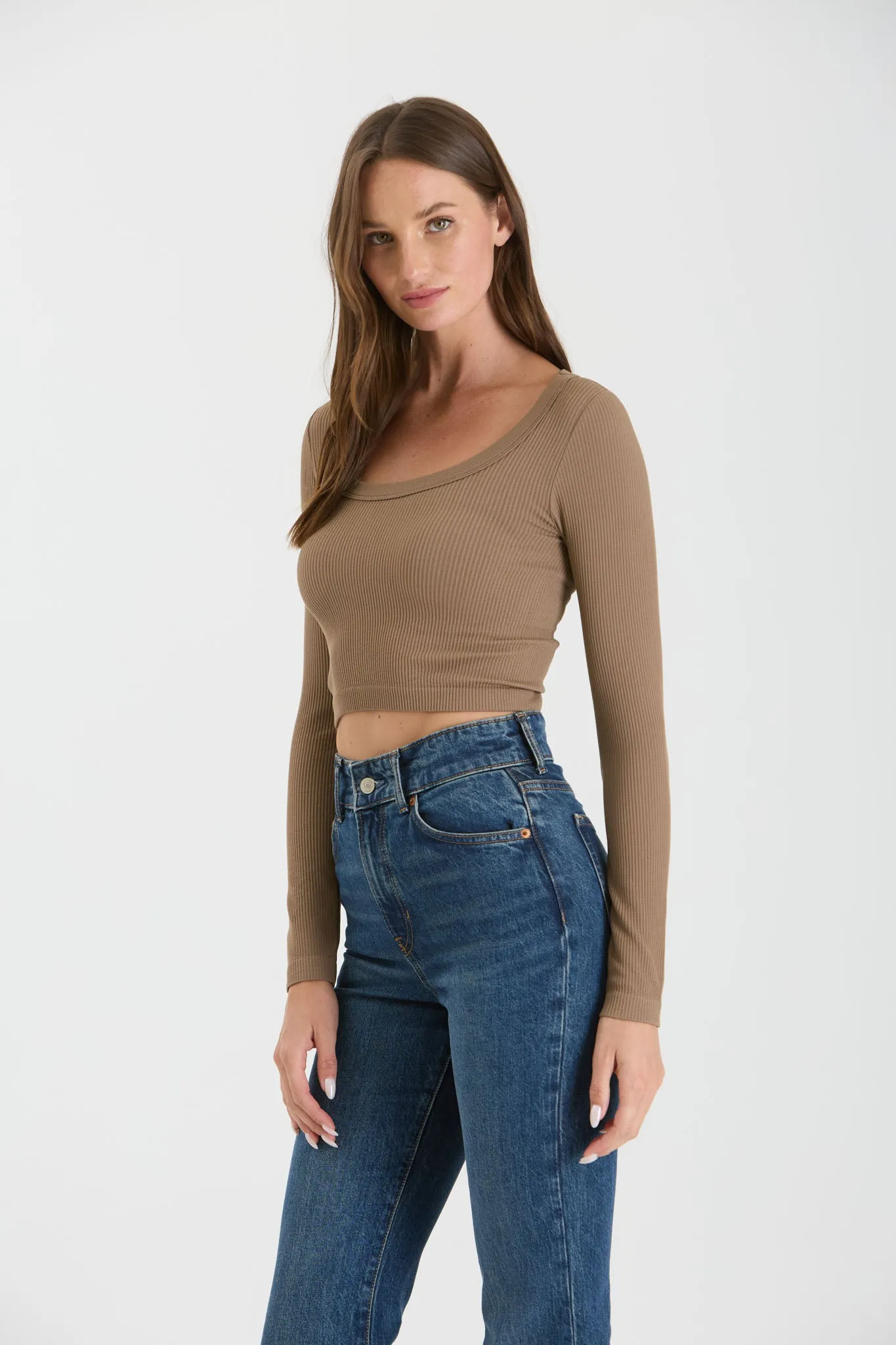 SCOOP NECK LONG SLEEVE SWEATER KNIT CROP TOP