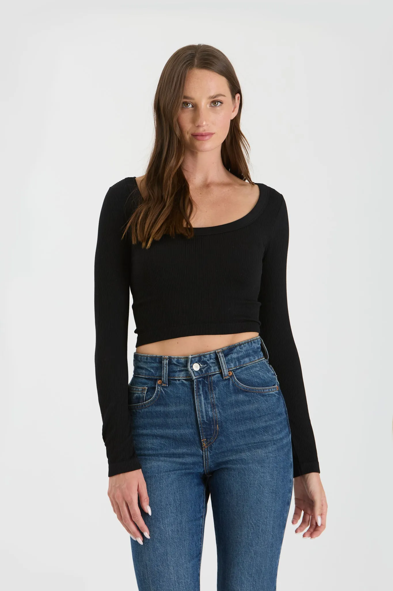 SCOOP NECK LONG SLEEVE SWEATER KNIT CROP TOP