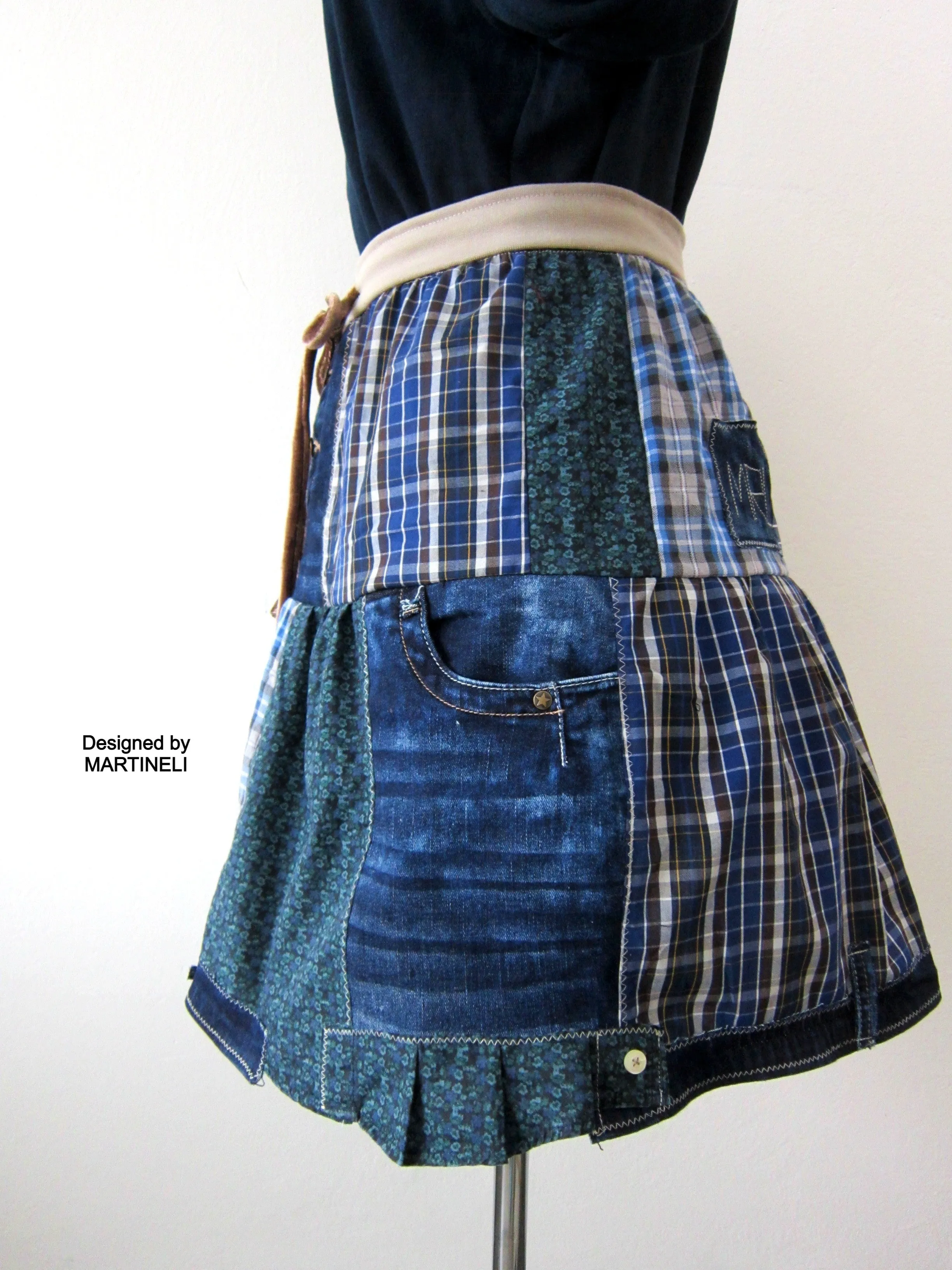 Short Blue Skirt,S/M Patchwork Denim Skirt