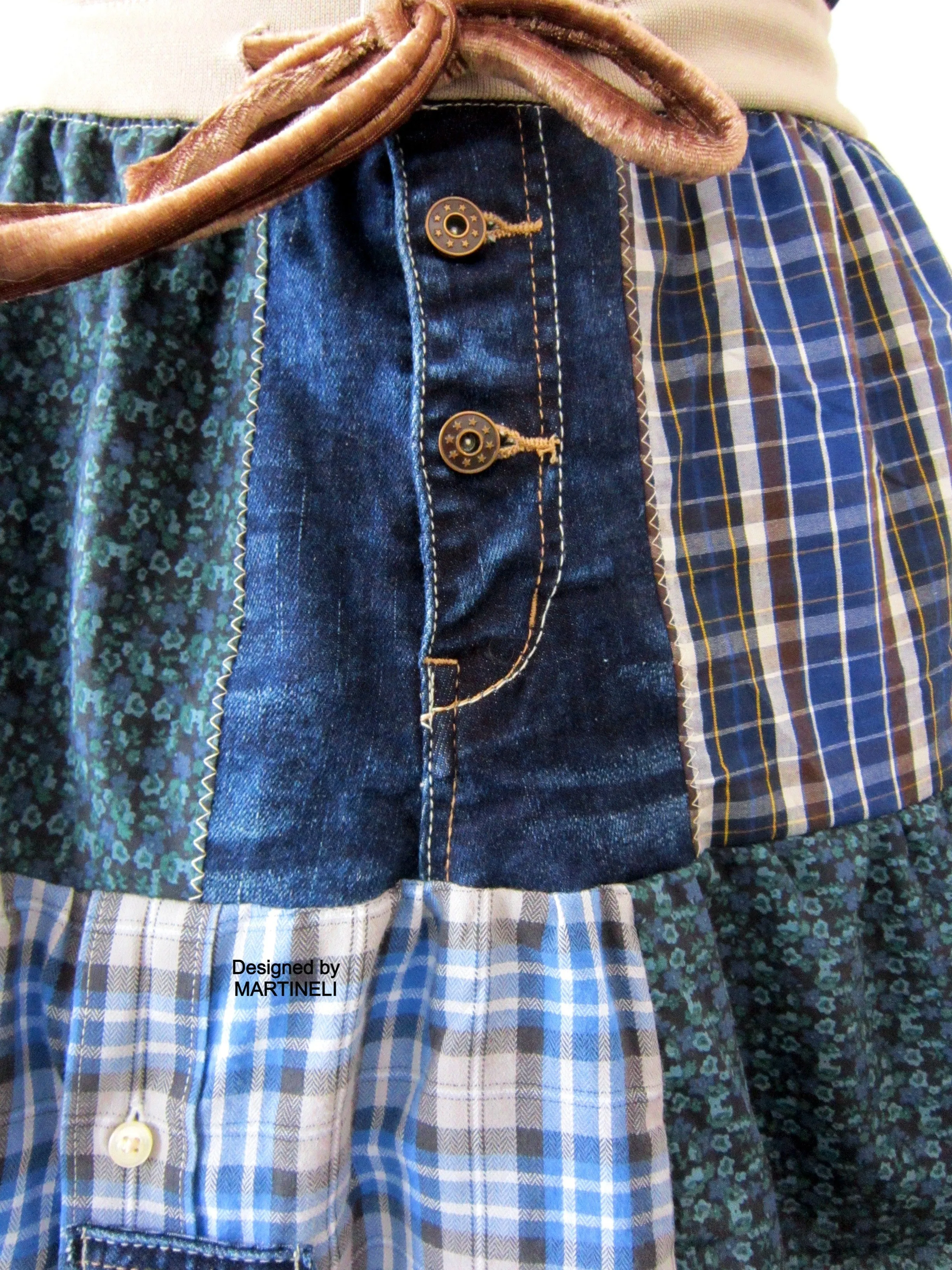 Short Blue Skirt,S/M Patchwork Denim Skirt