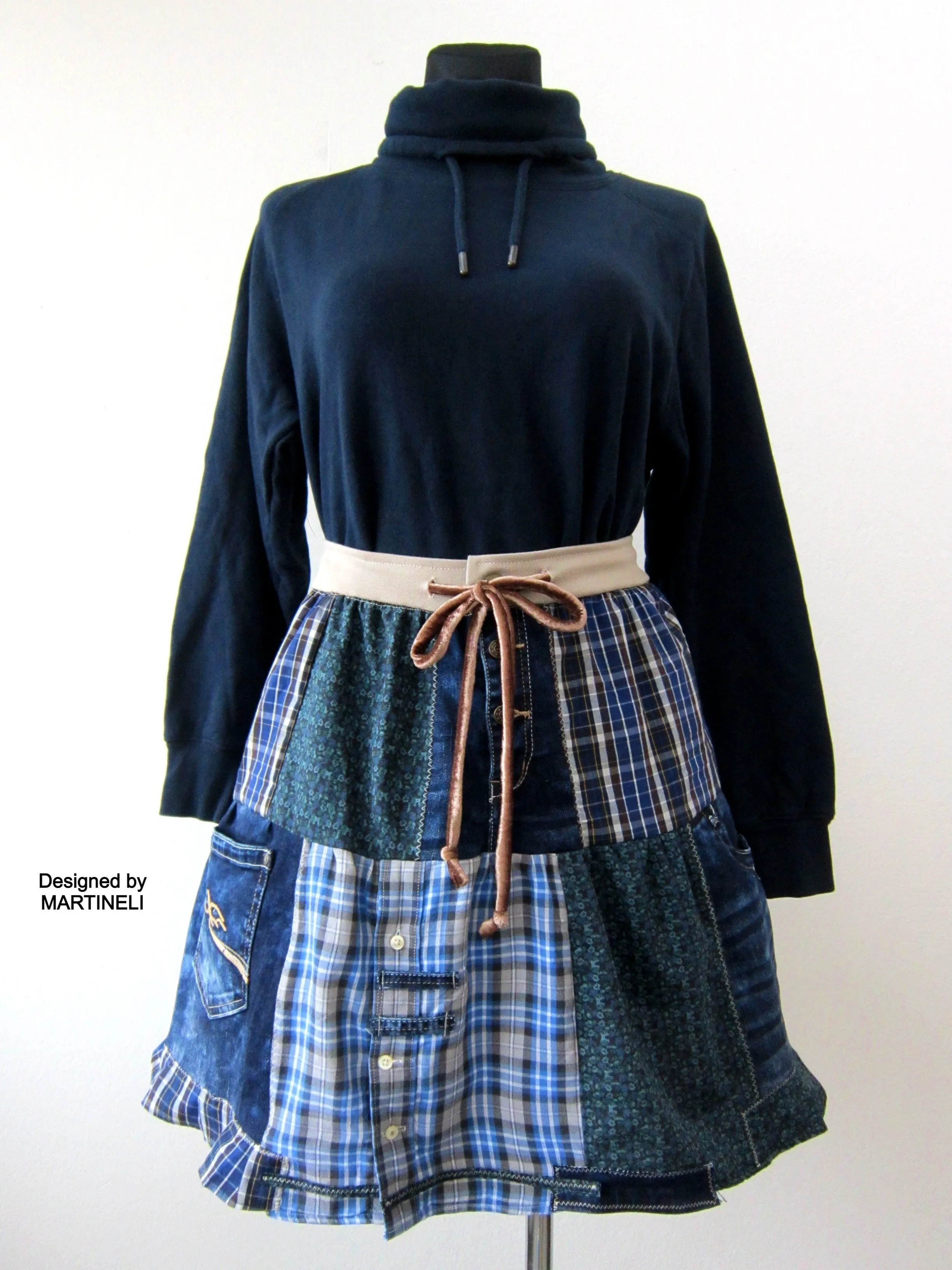 Short Blue Skirt,S/M Patchwork Denim Skirt