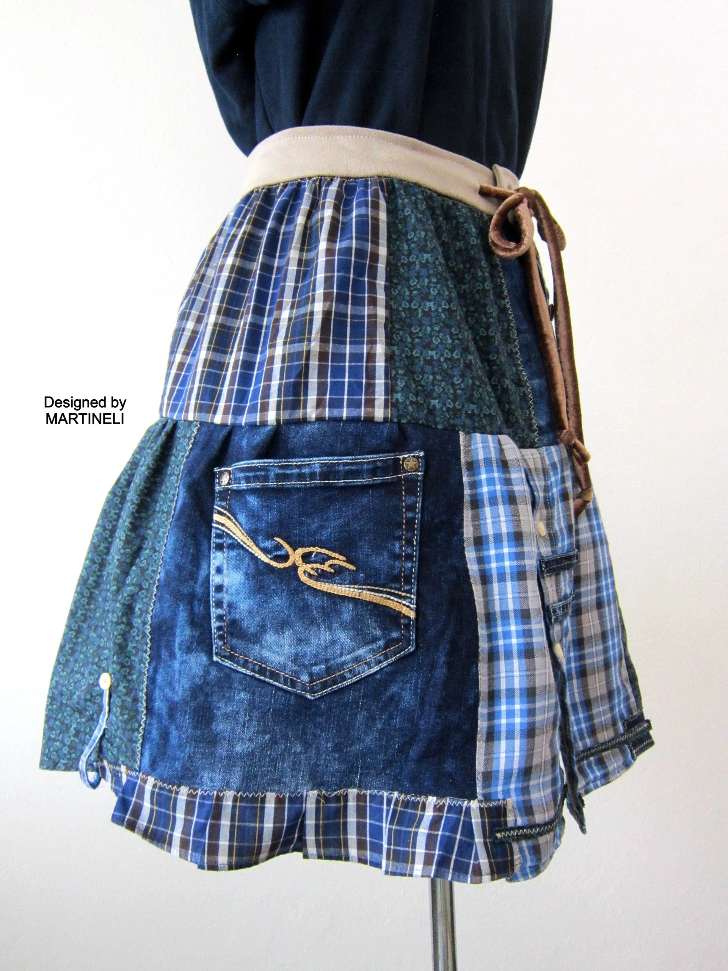 Short Blue Skirt,S/M Patchwork Denim Skirt