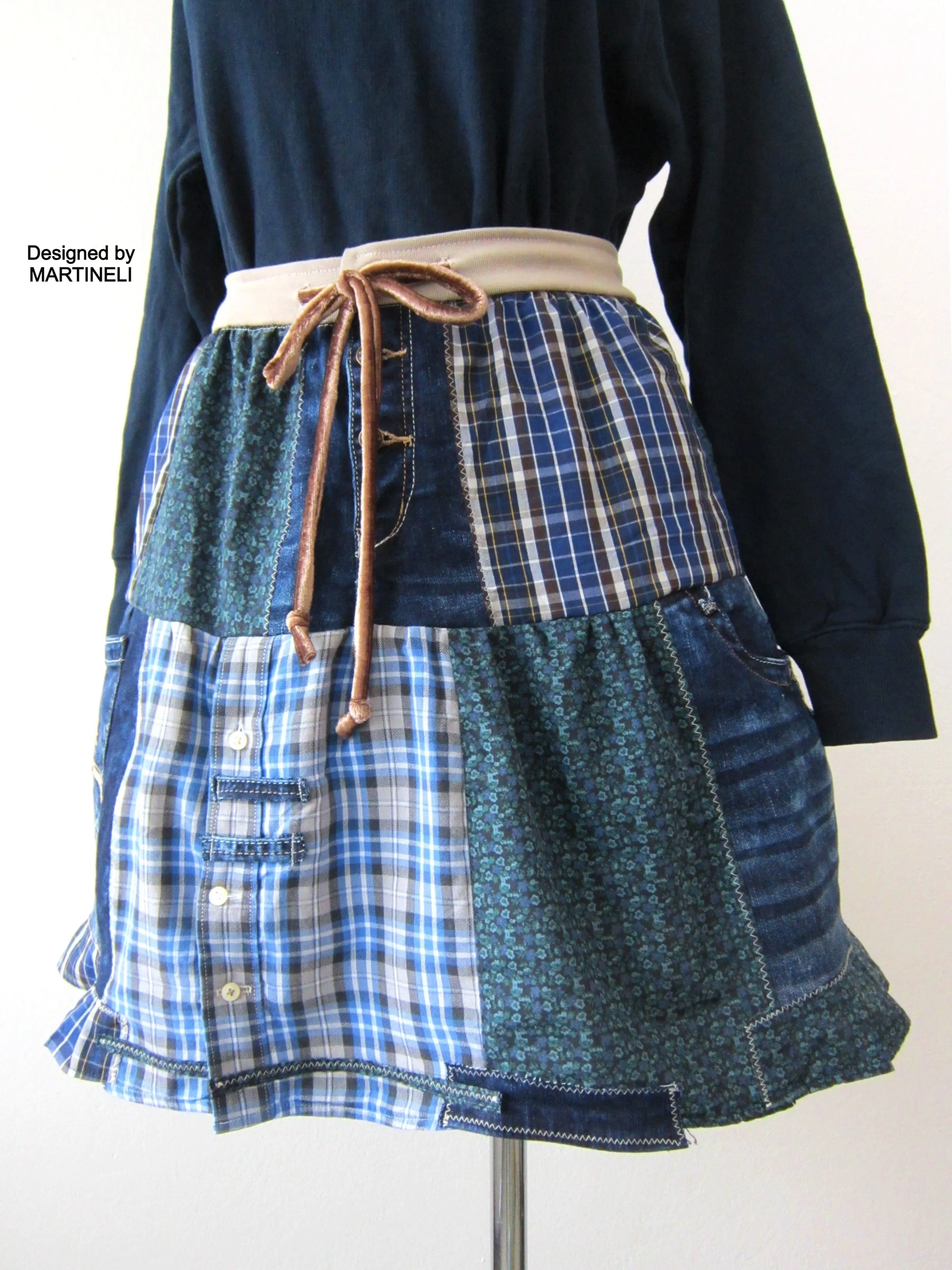 Short Blue Skirt,S/M Patchwork Denim Skirt