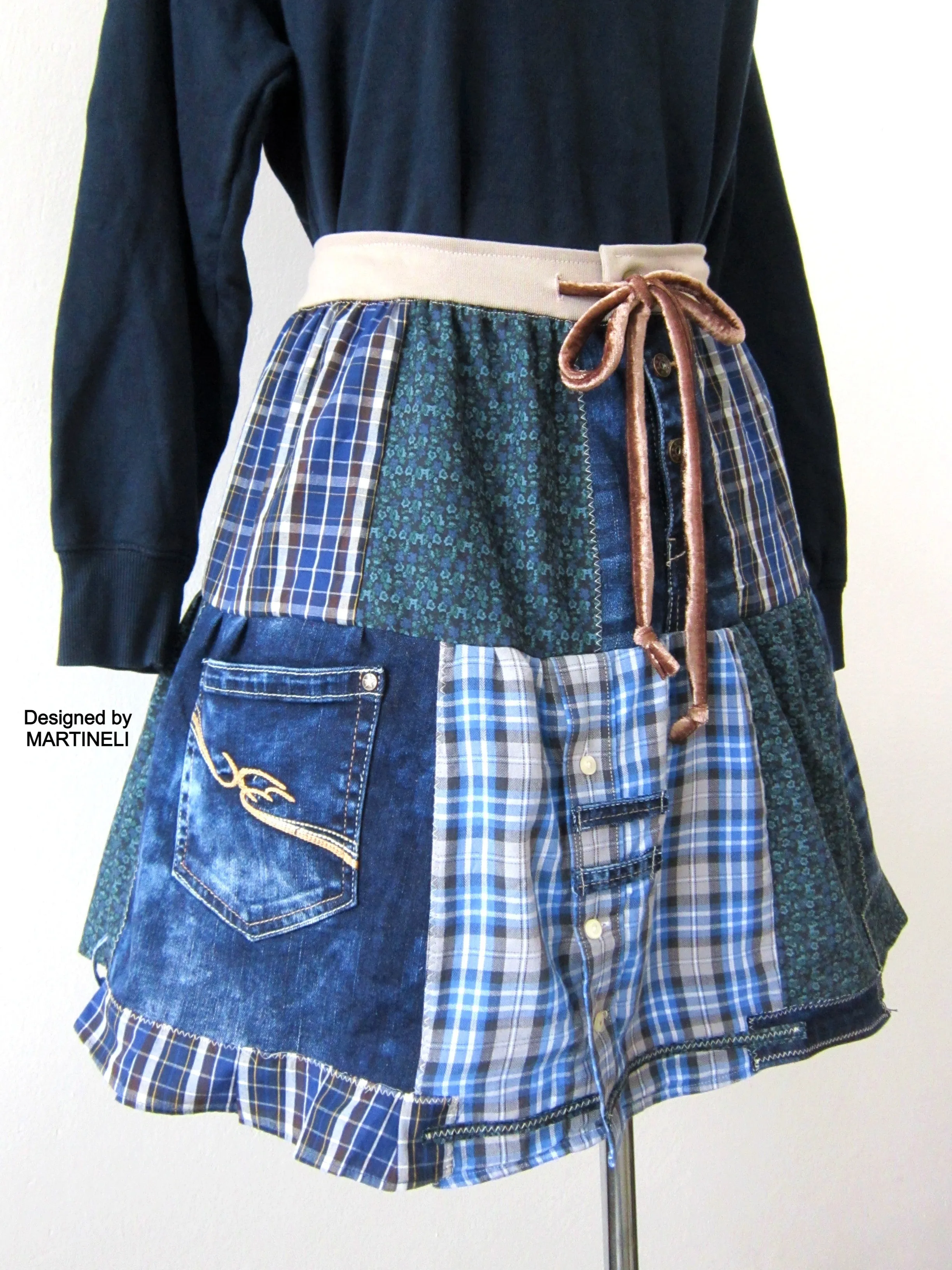 Short Blue Skirt,S/M Patchwork Denim Skirt