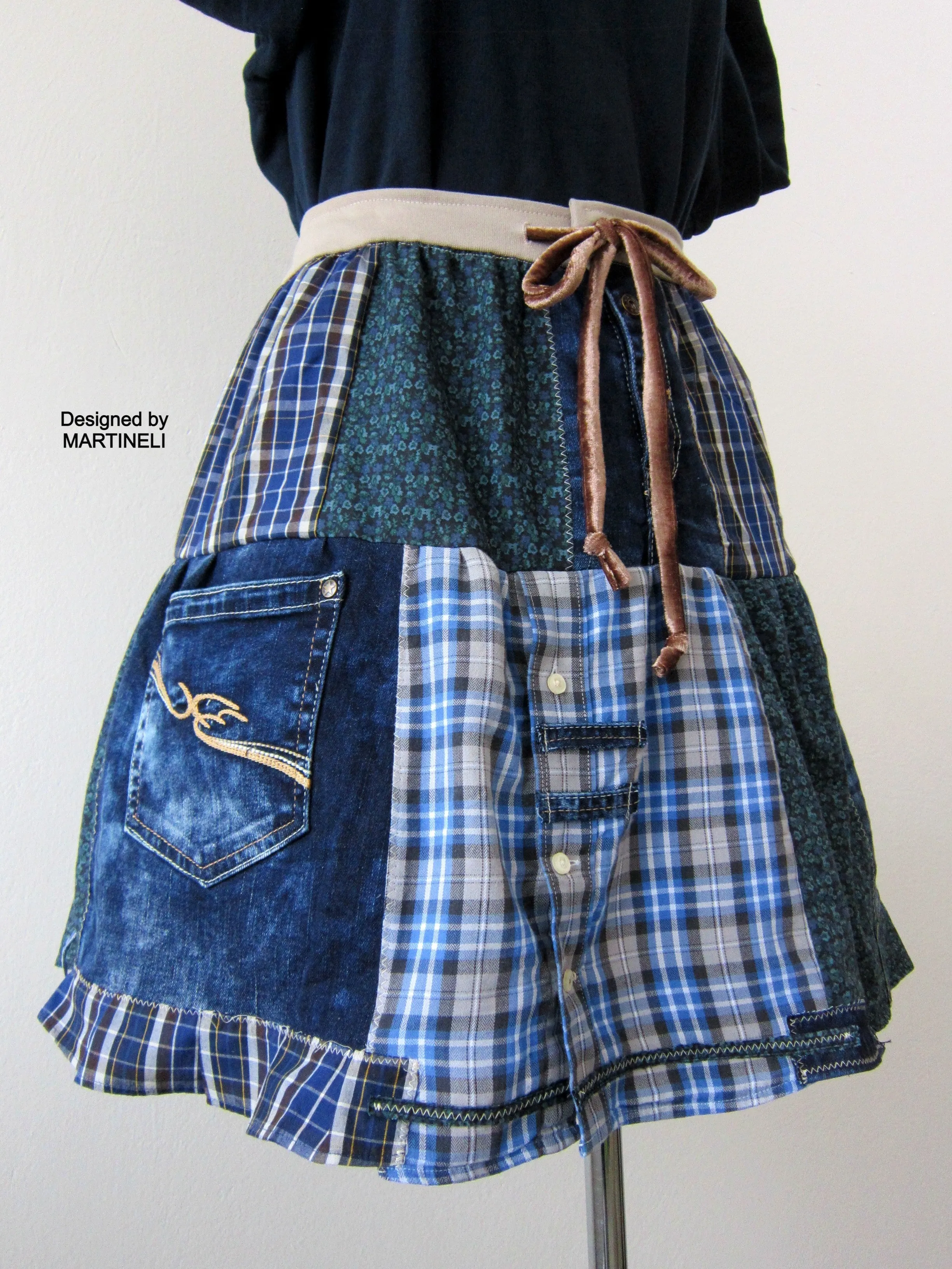 Short Blue Skirt,S/M Patchwork Denim Skirt