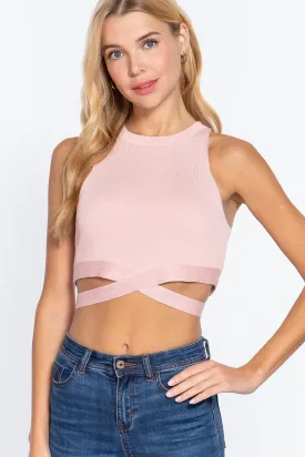 Sleeveless Crew Neck Waist Tie Crop Sweater Top