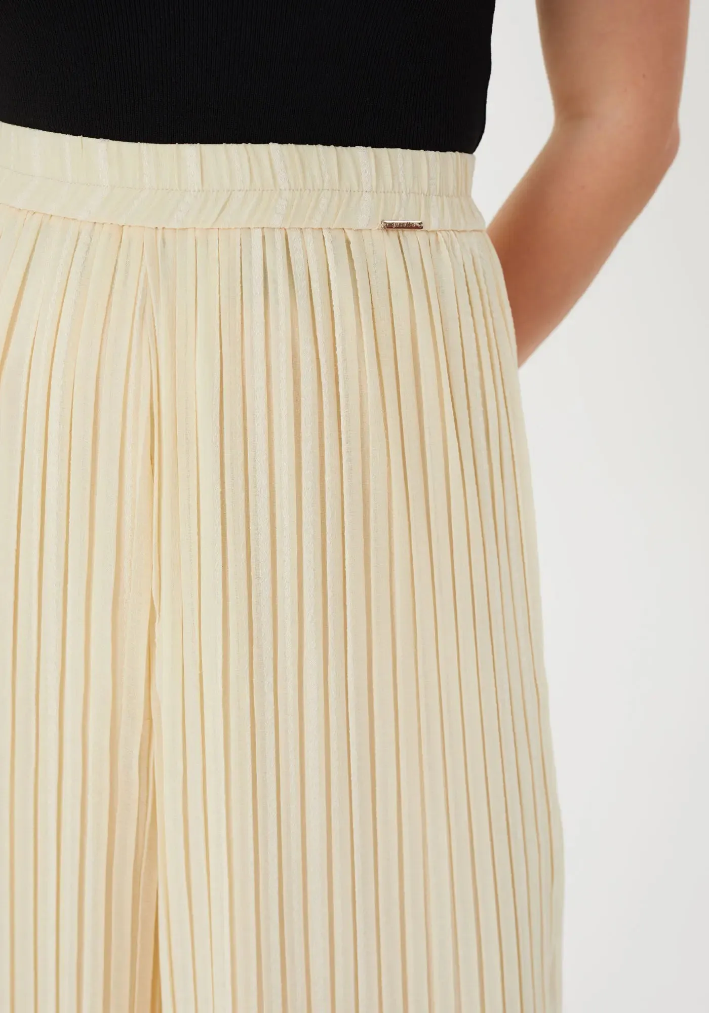 Stone Color Pleated Wide-Leg Pants with Ruffled Details and Elastic Waist