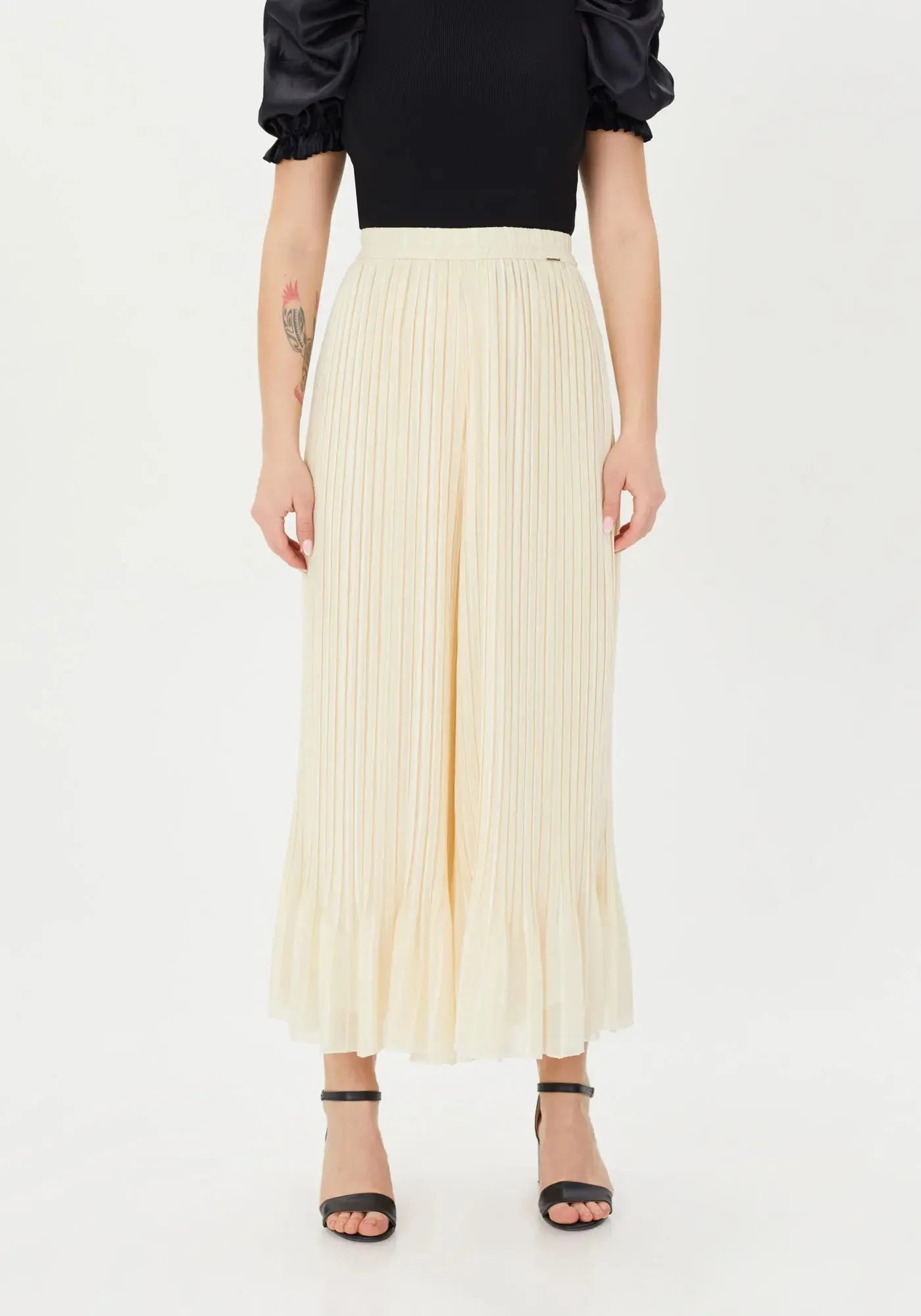 Stone Color Pleated Wide-Leg Pants with Ruffled Details and Elastic Waist