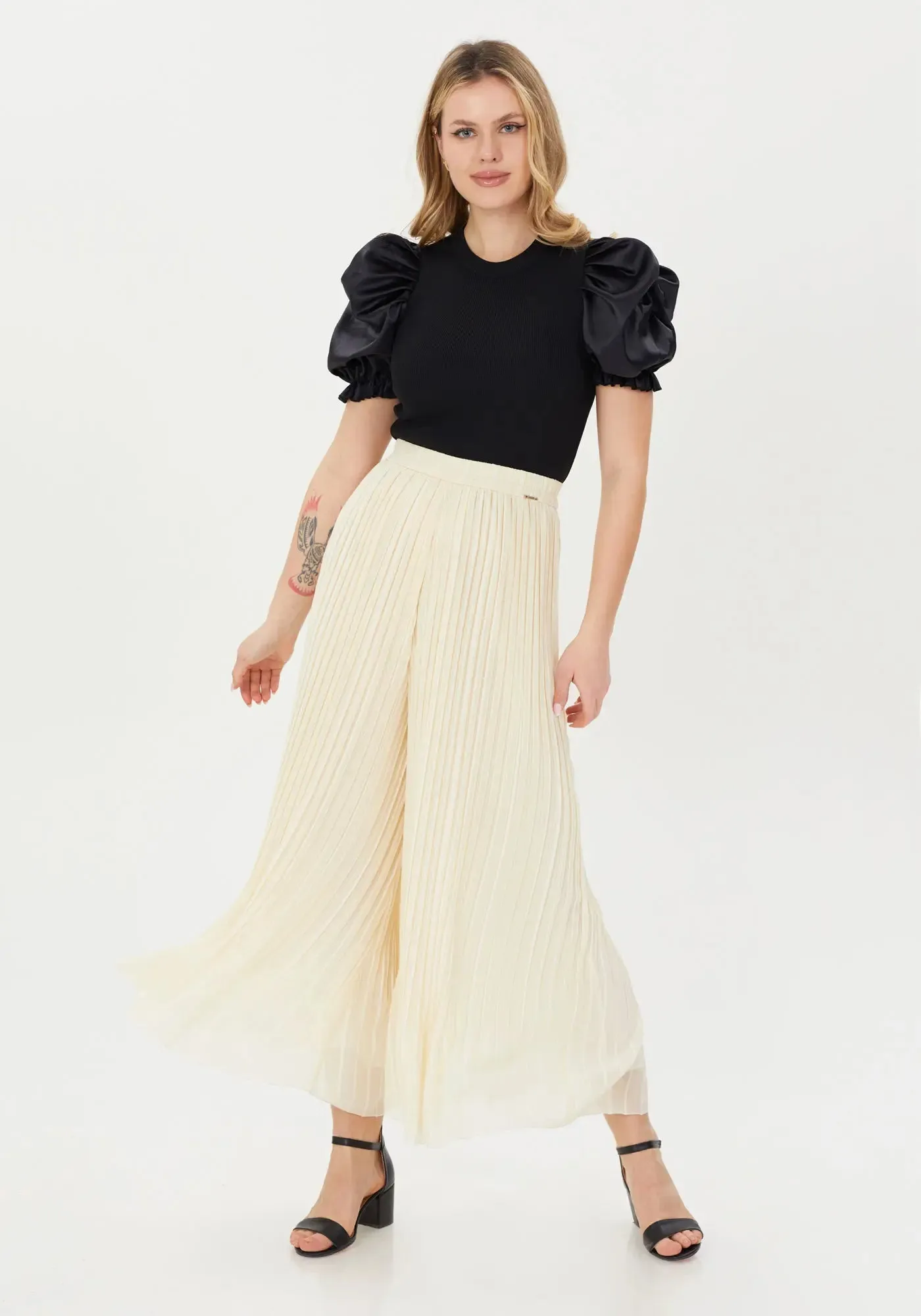 Stone Color Pleated Wide-Leg Pants with Ruffled Details and Elastic Waist