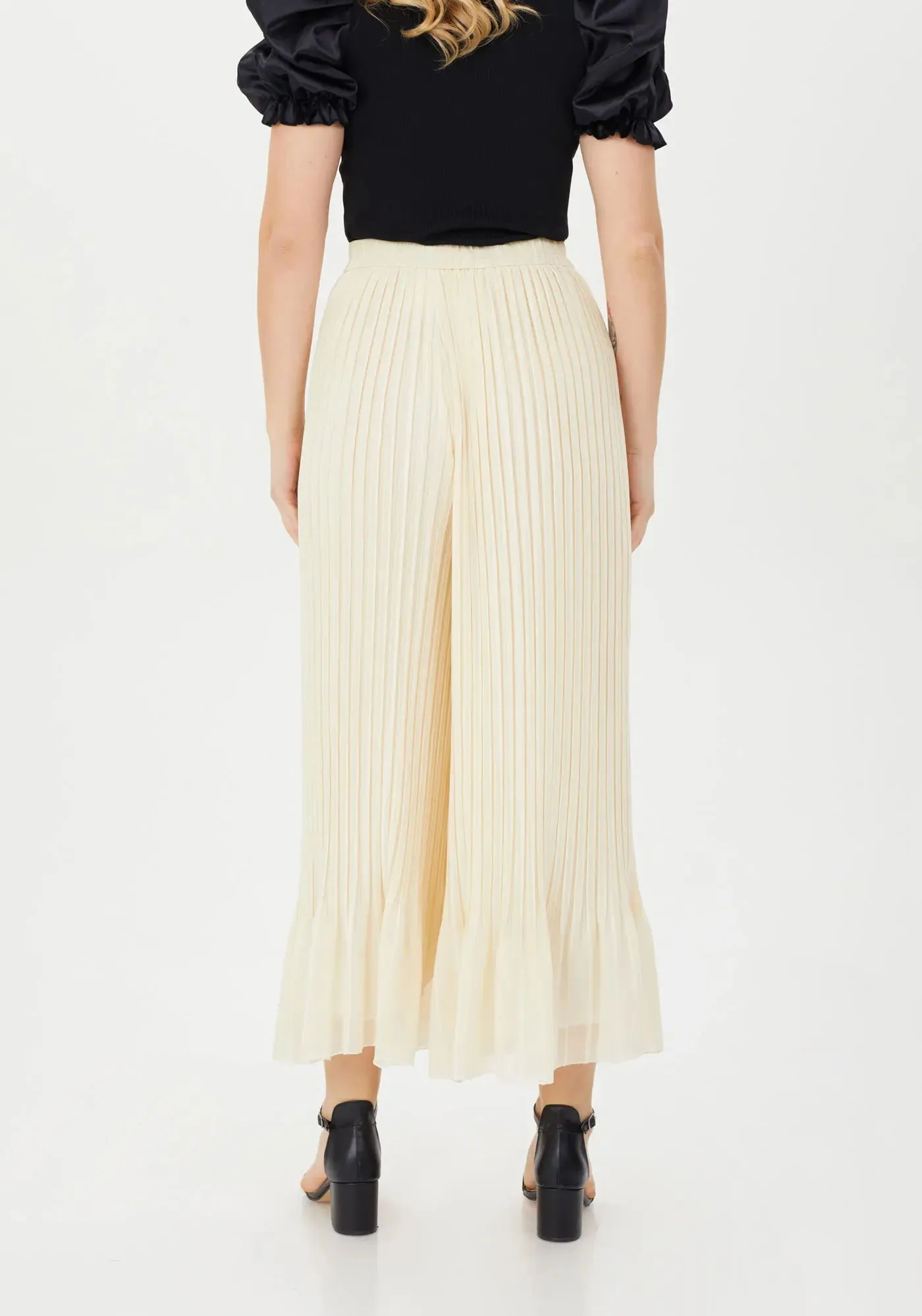 Stone Color Pleated Wide-Leg Pants with Ruffled Details and Elastic Waist