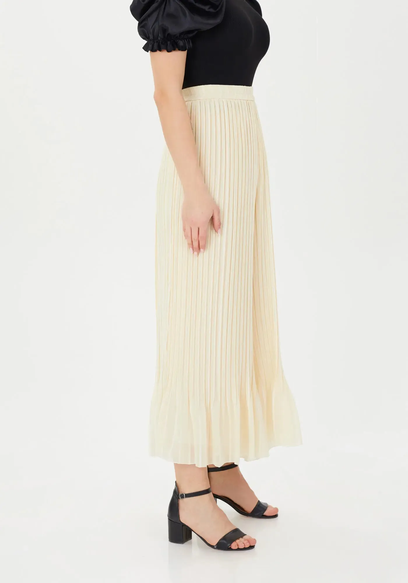 Stone Color Pleated Wide-Leg Pants with Ruffled Details and Elastic Waist