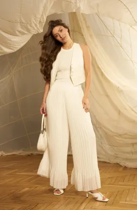 Stone Color Pleated Wide-Leg Pants with Ruffled Details and Elastic Waist