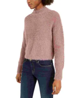 Sun  Moon Women's Fuzzy Finish Long Sleeve Mock T-Shirt Sweater Pink Size Medium