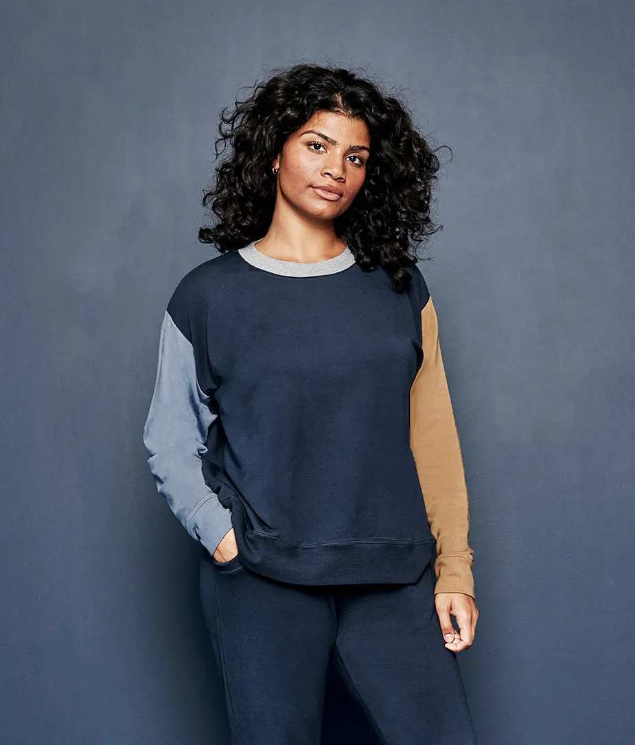 The Softest French Terry Relaxed Colorblock Crew - Midnight & Slate & Toffee