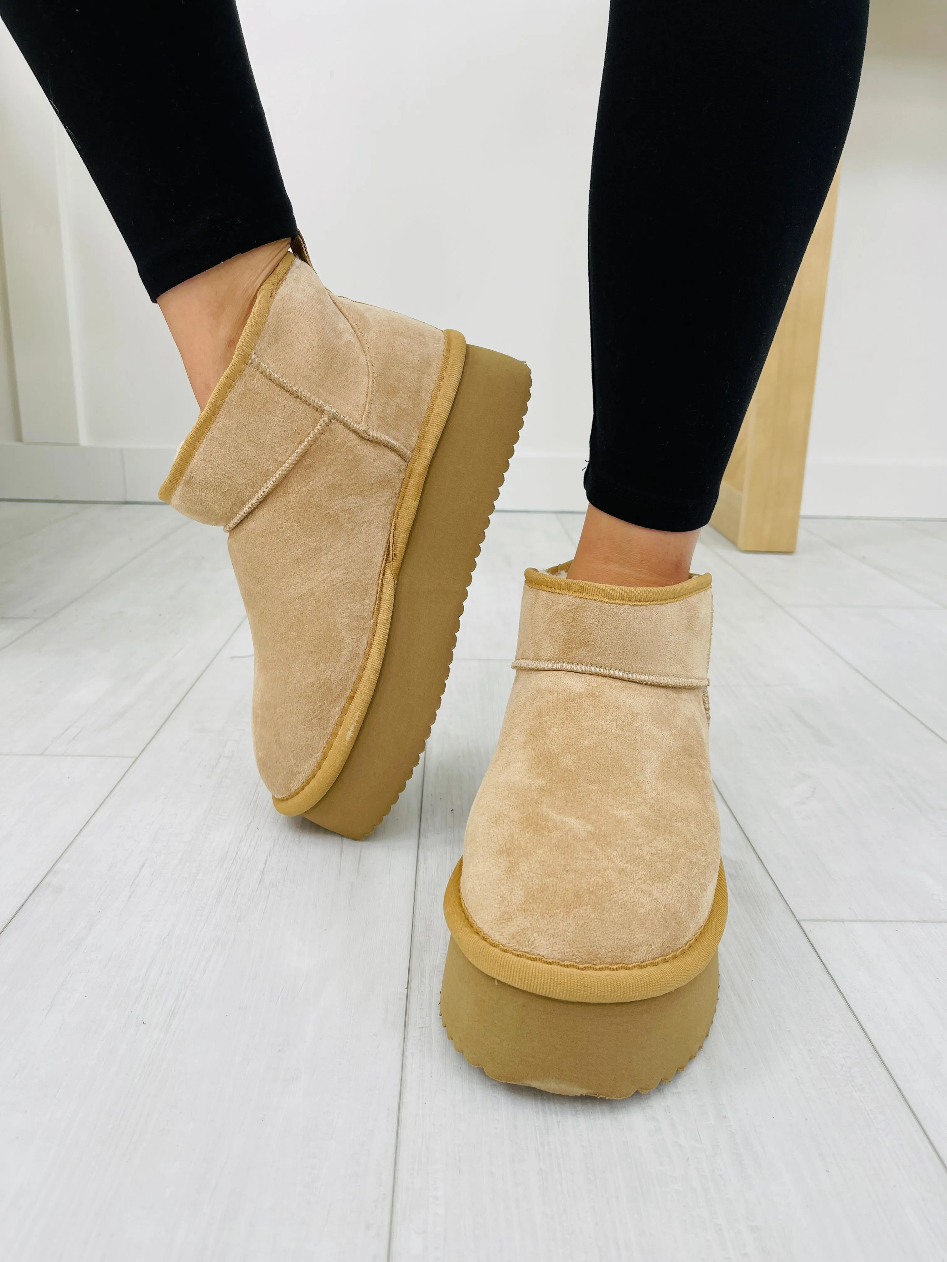 Toasty Terrain Booties In Camel Faux Suede