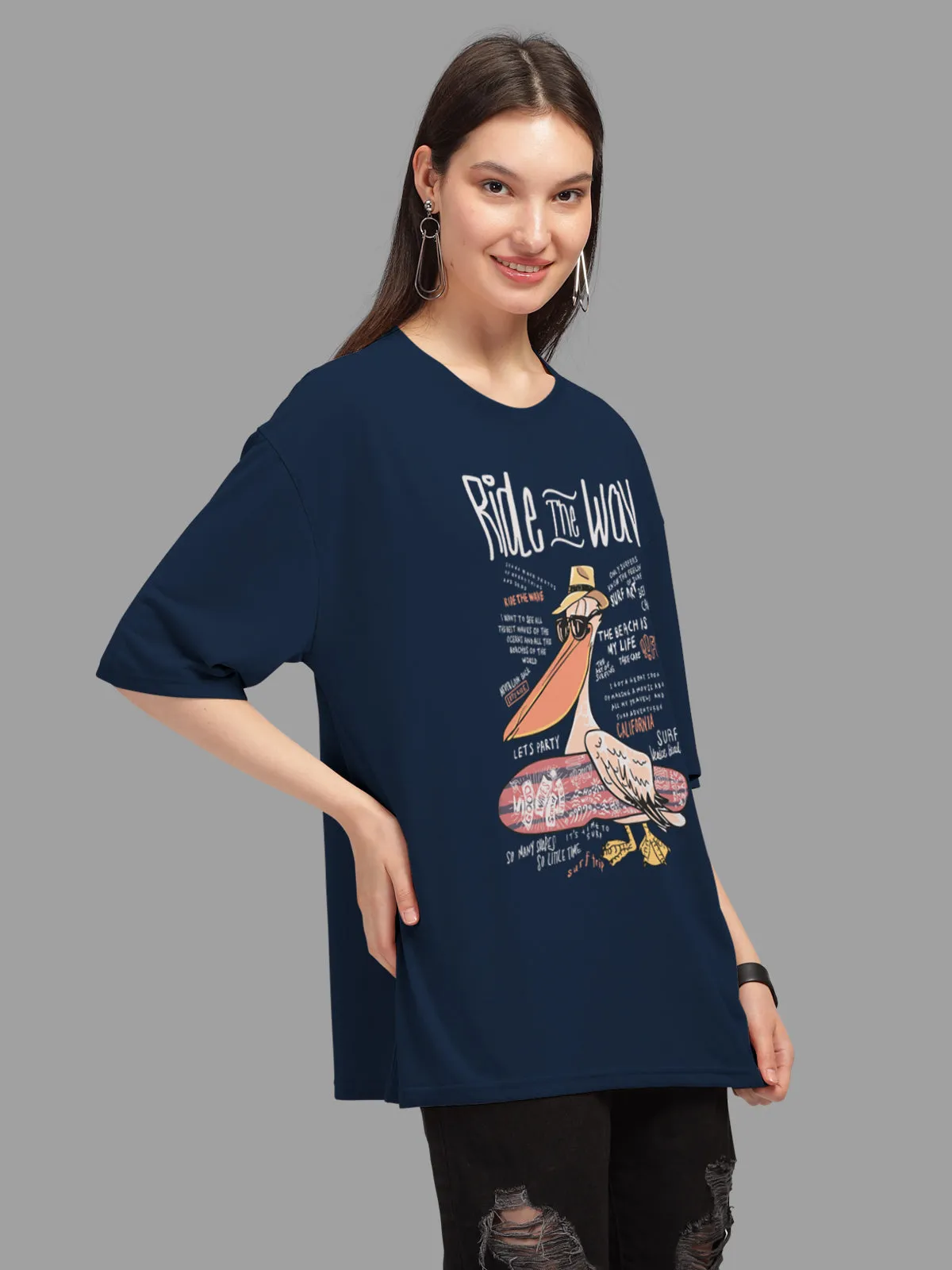 Trendy Navy Printed Oversized T-shirt for Women