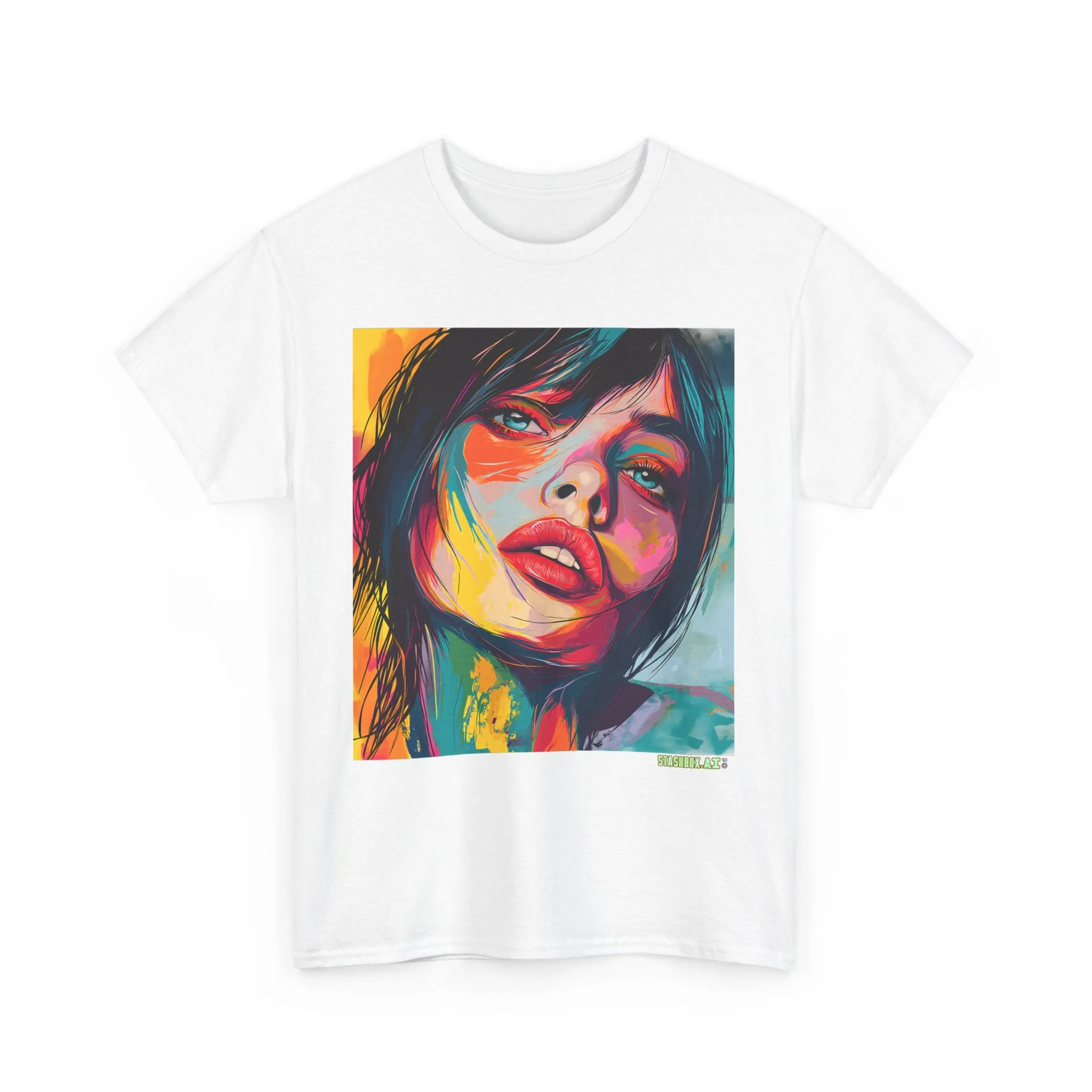 Unisex Heavy Cotton T-Shirt Beautiful Woman Drawn in Rainbow Ink 018