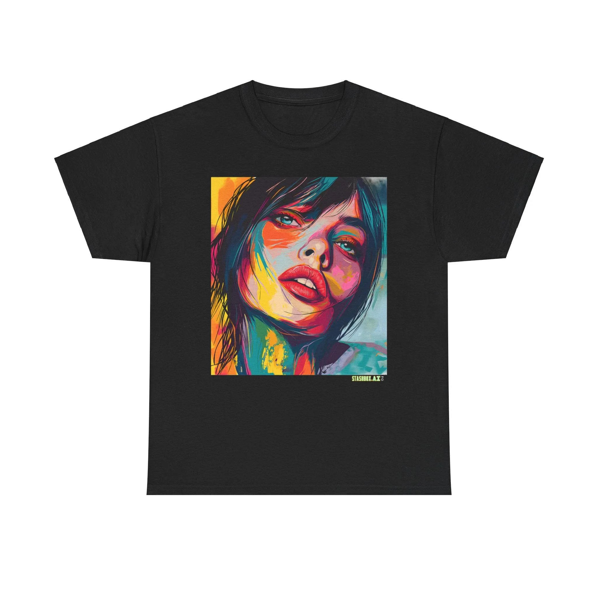 Unisex Heavy Cotton T-Shirt Beautiful Woman Drawn in Rainbow Ink 018