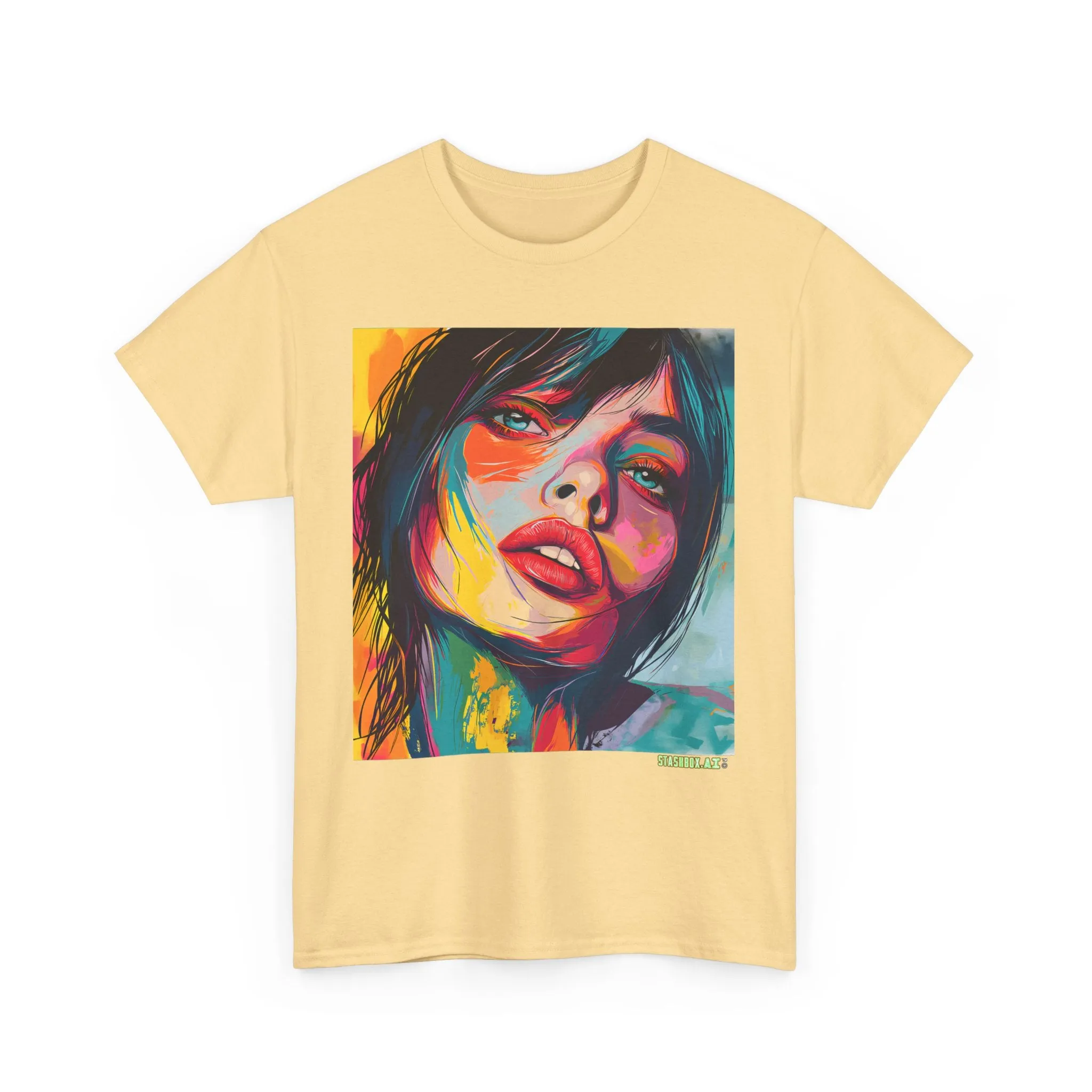 Unisex Heavy Cotton T-Shirt Beautiful Woman Drawn in Rainbow Ink 018