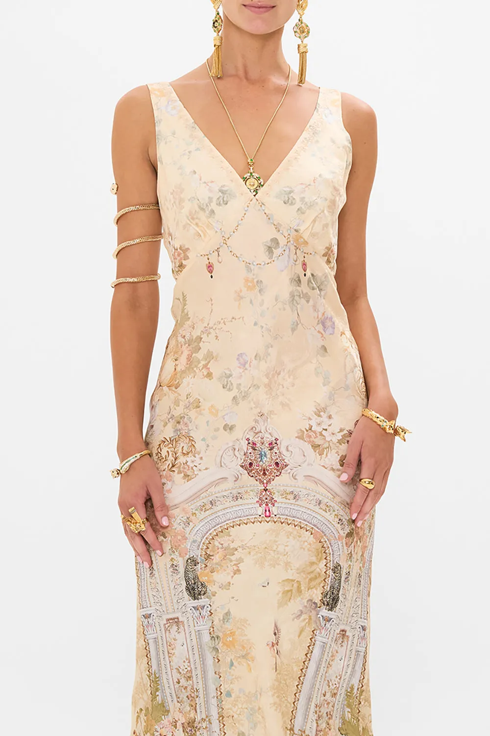 V-NECK JACQUARD SLIP DRESS ADORNED IN ANTIQUITY