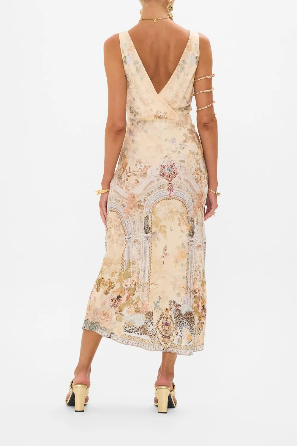 V-NECK JACQUARD SLIP DRESS ADORNED IN ANTIQUITY