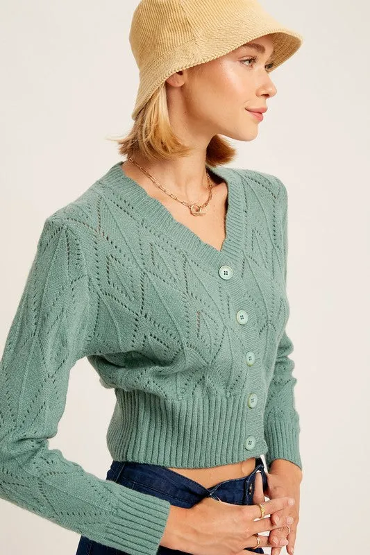 V neck Scallop Edge Button Down Ctop Knit Cardigan