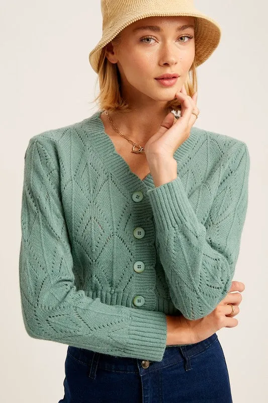 V neck Scallop Edge Button Down Ctop Knit Cardigan