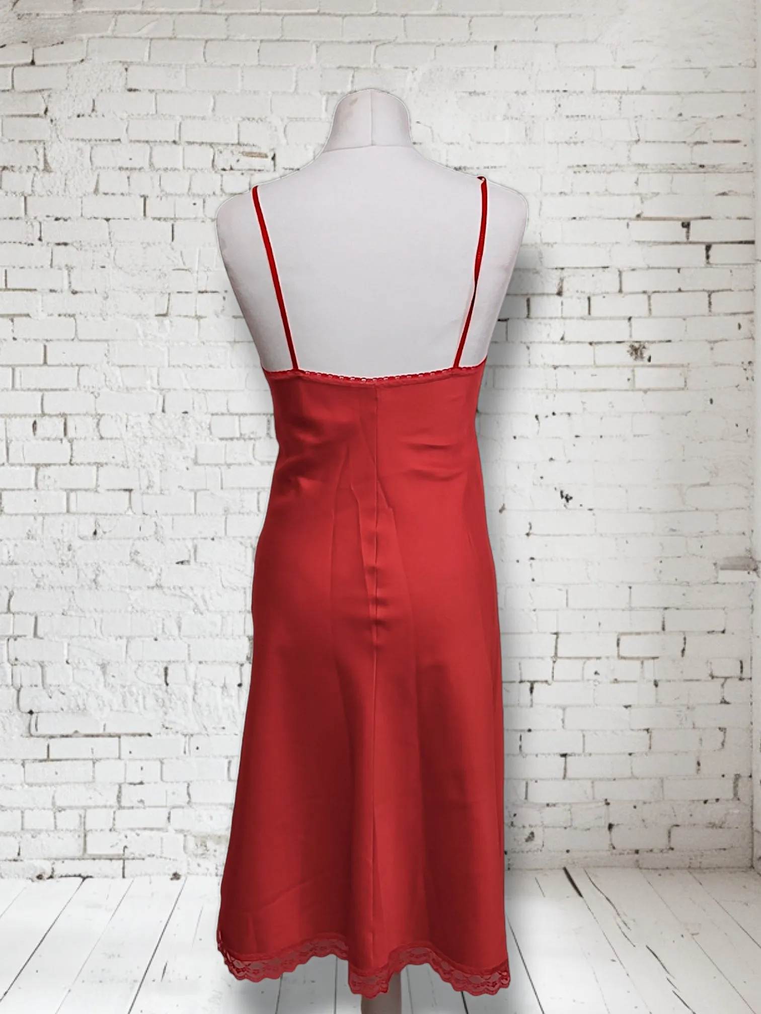 Vintage 1960s St Michael Red Satin Slip Lingerie Dress With Lace Trim UK8