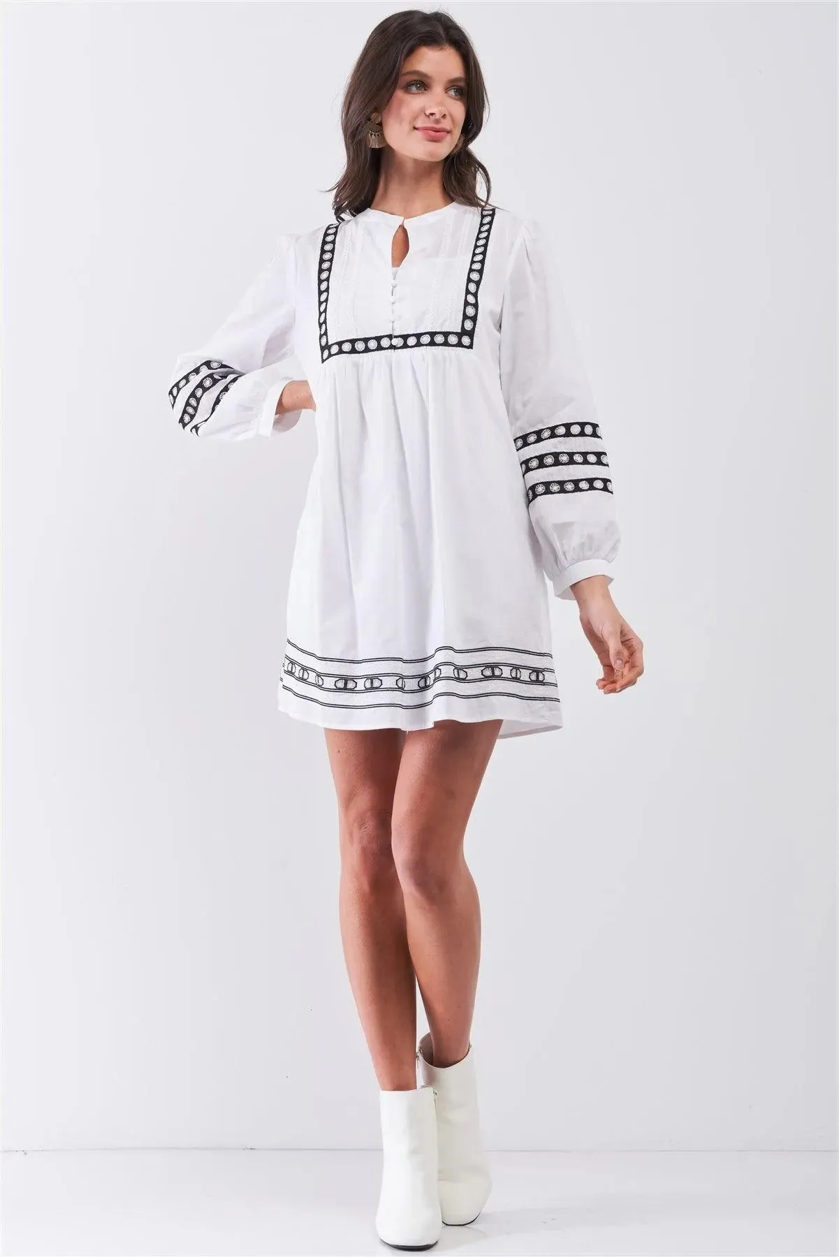 White & Black Embroidered Balloon Sleeve Shift Mini Dress With Slip