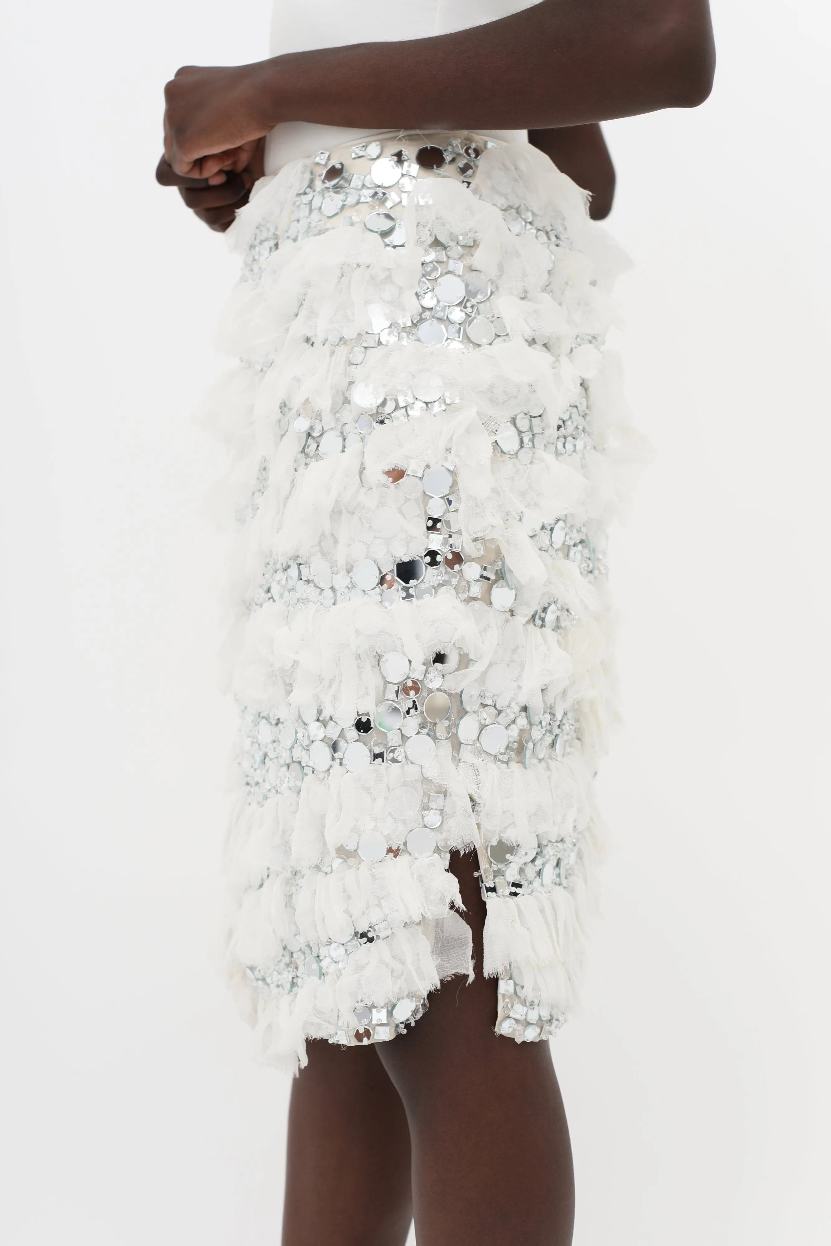 White & Silver-Tone SS14 Embellished Ruffle Skirt