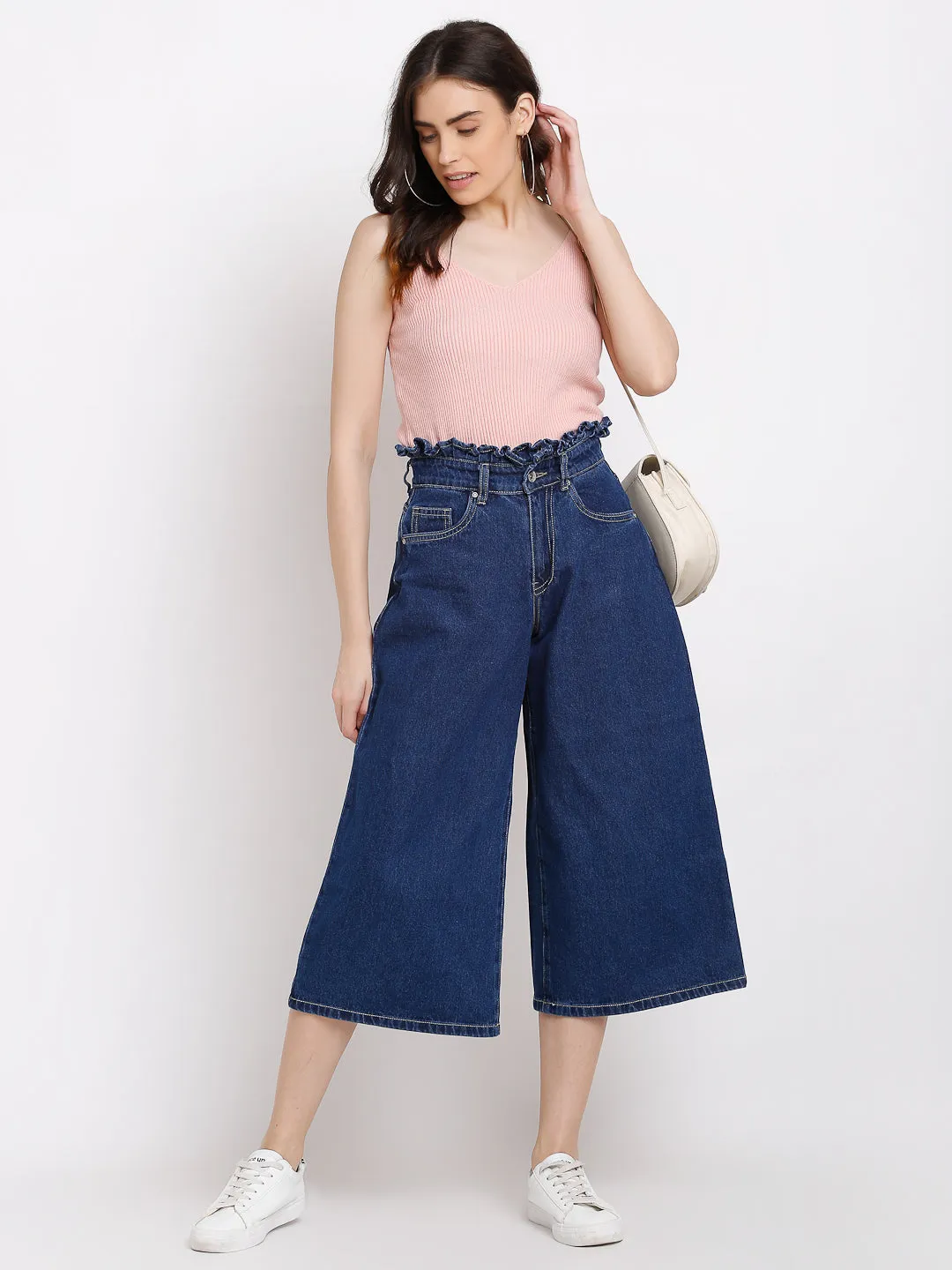 Women Blue Cotton Blend Solid Calf length Cotton Blend Culottes