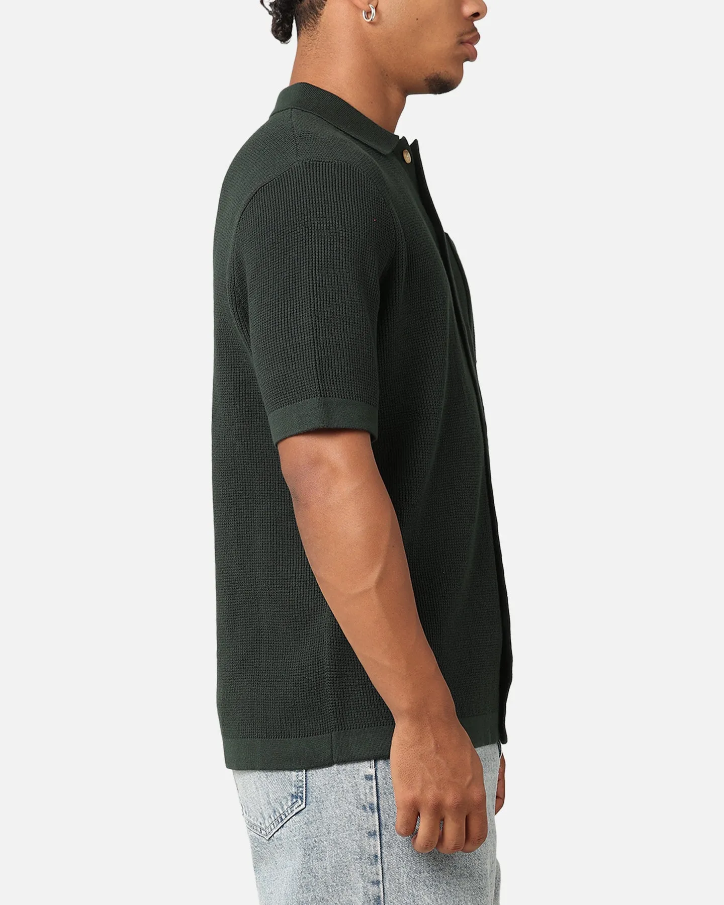 XXIII Zyair Knit Rib Button Up Shirt Dark Green