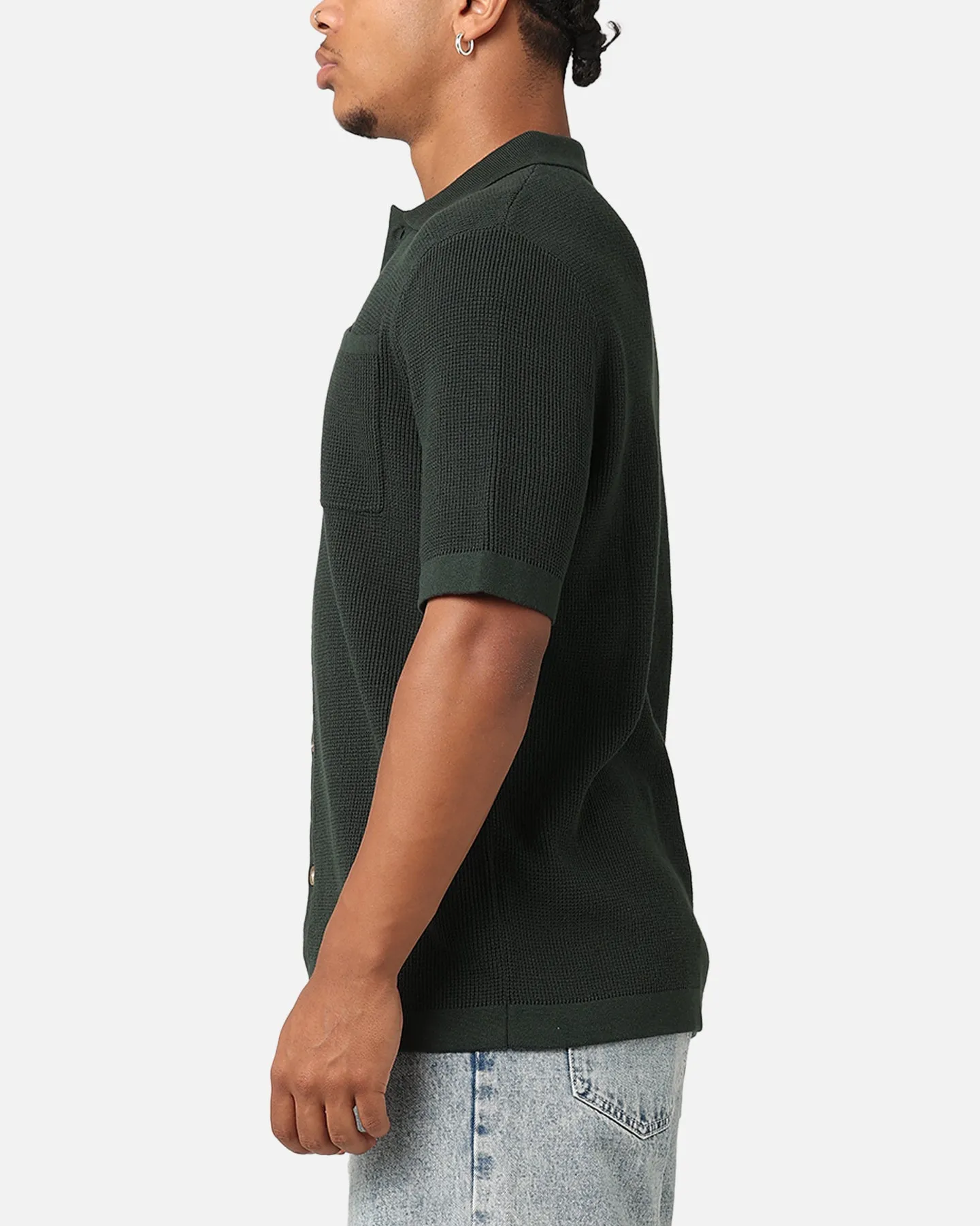 XXIII Zyair Knit Rib Button Up Shirt Dark Green